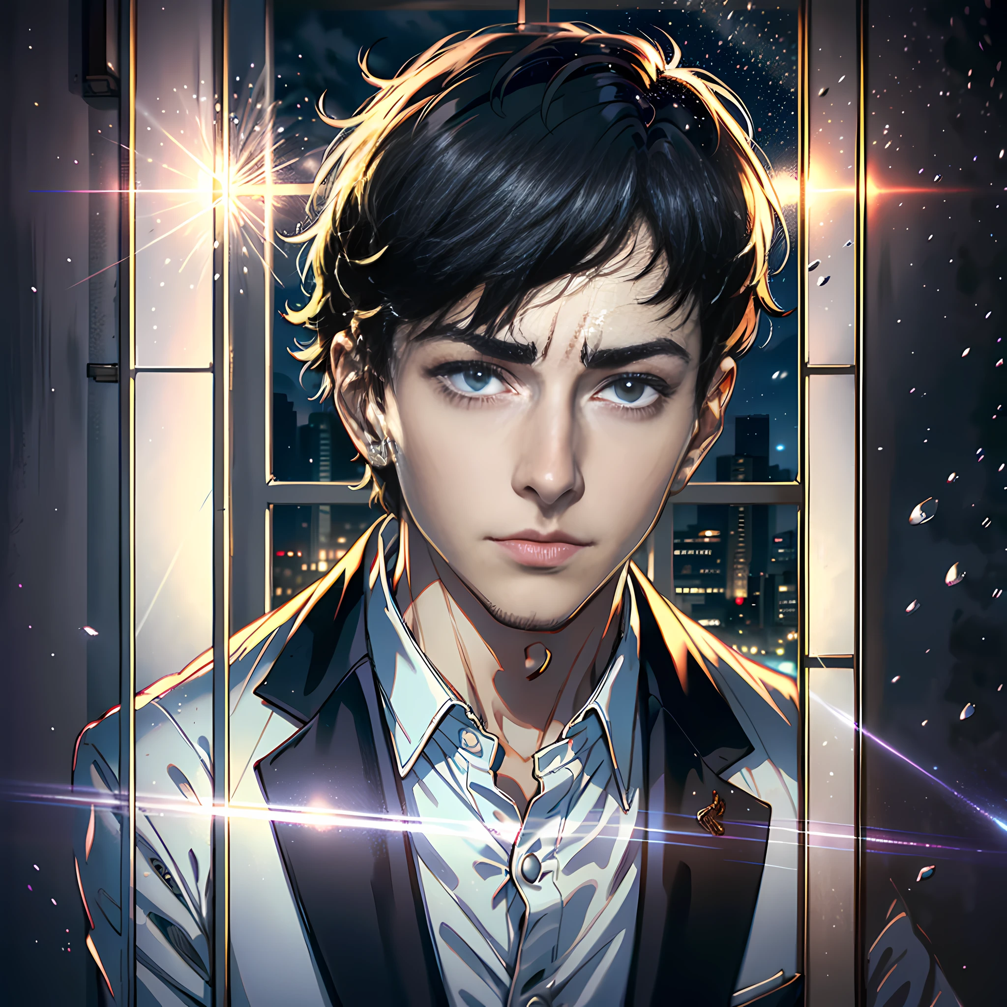 At night, by the window, a handsome boy, white suit, black eyes, facial hyper-detail, short black hair, facial hyper-detail, highly real, 4K, chiaroscuro, ultra-high detail Waiting to start