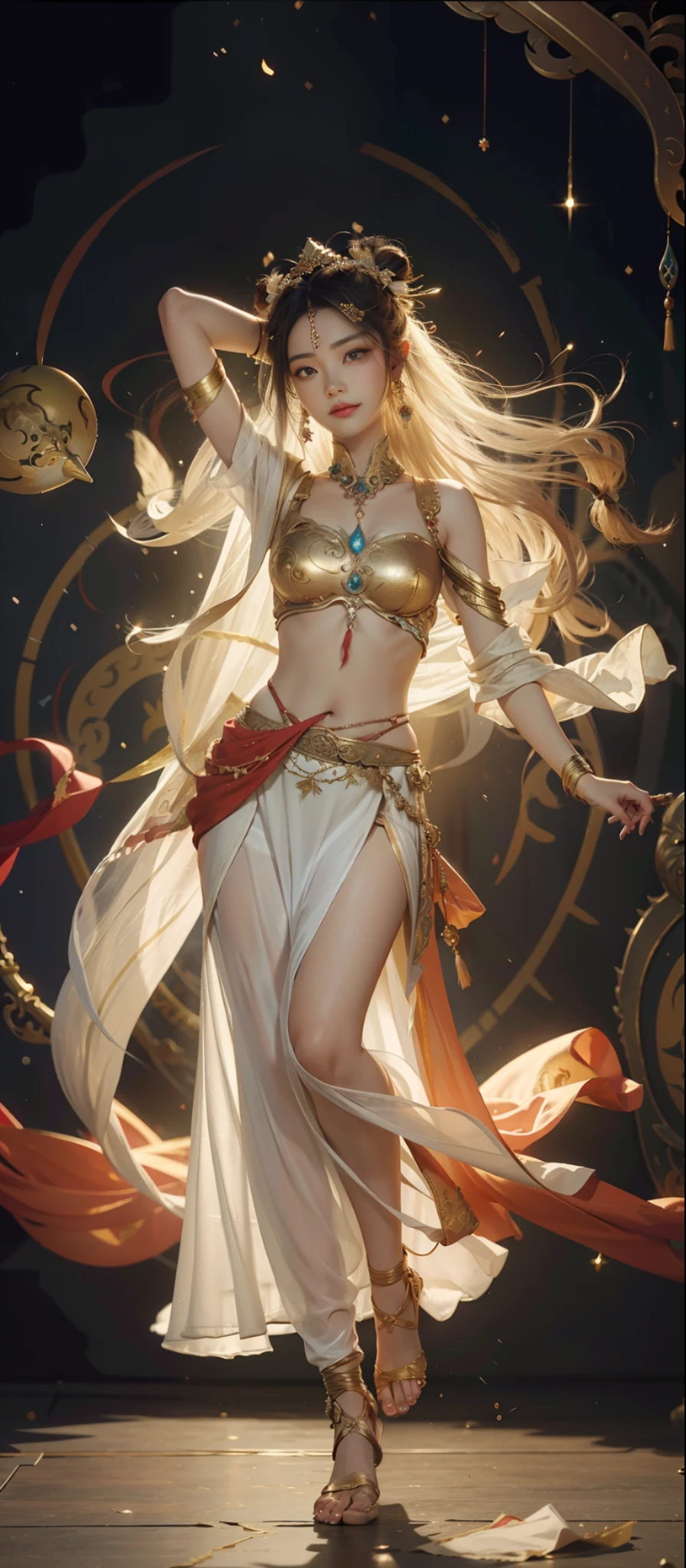 Dunhuang style, 1girle, shoulders, navel, flying fairy, Dunhuang mural in background, dance, white hair, lots of hair, very long hair, hair accessories, ribbons, earrings, gold jewelry, hair bubbles, copper bells, red clothes, flowers on the head, gradient eyes, smile, barefoot, no shoes, full body portrait, surrealism, high detail, romanticism, cinematic lighting, glitter, reflected light, masterpiece, super detail, textured skin, anatomically correct, high detail, best quality, high quality, high quality, Award-winning, 8K