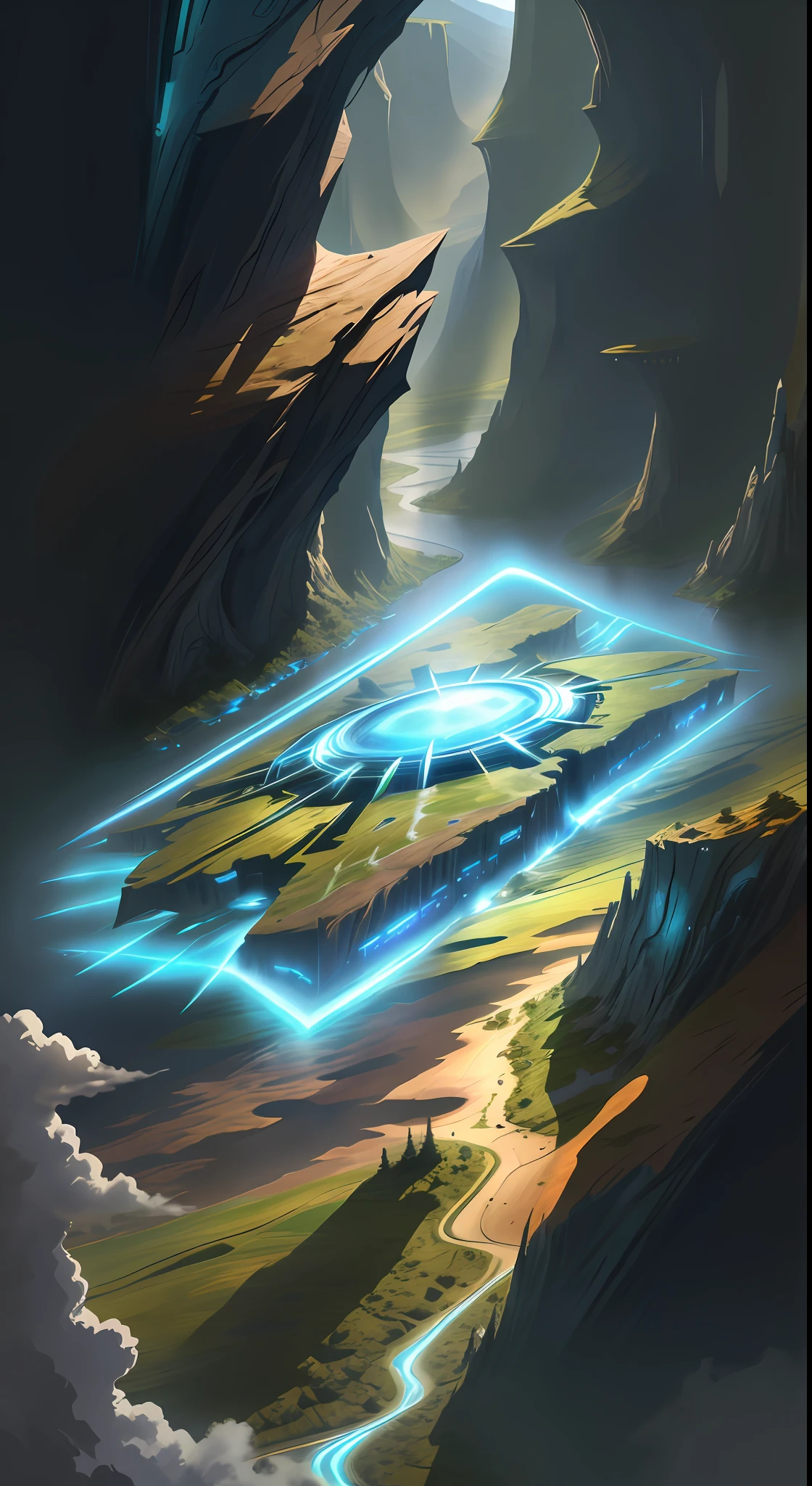 There is water in the middle next to the land, ProtossAI, no one, technology, close-up, science fiction scenes,