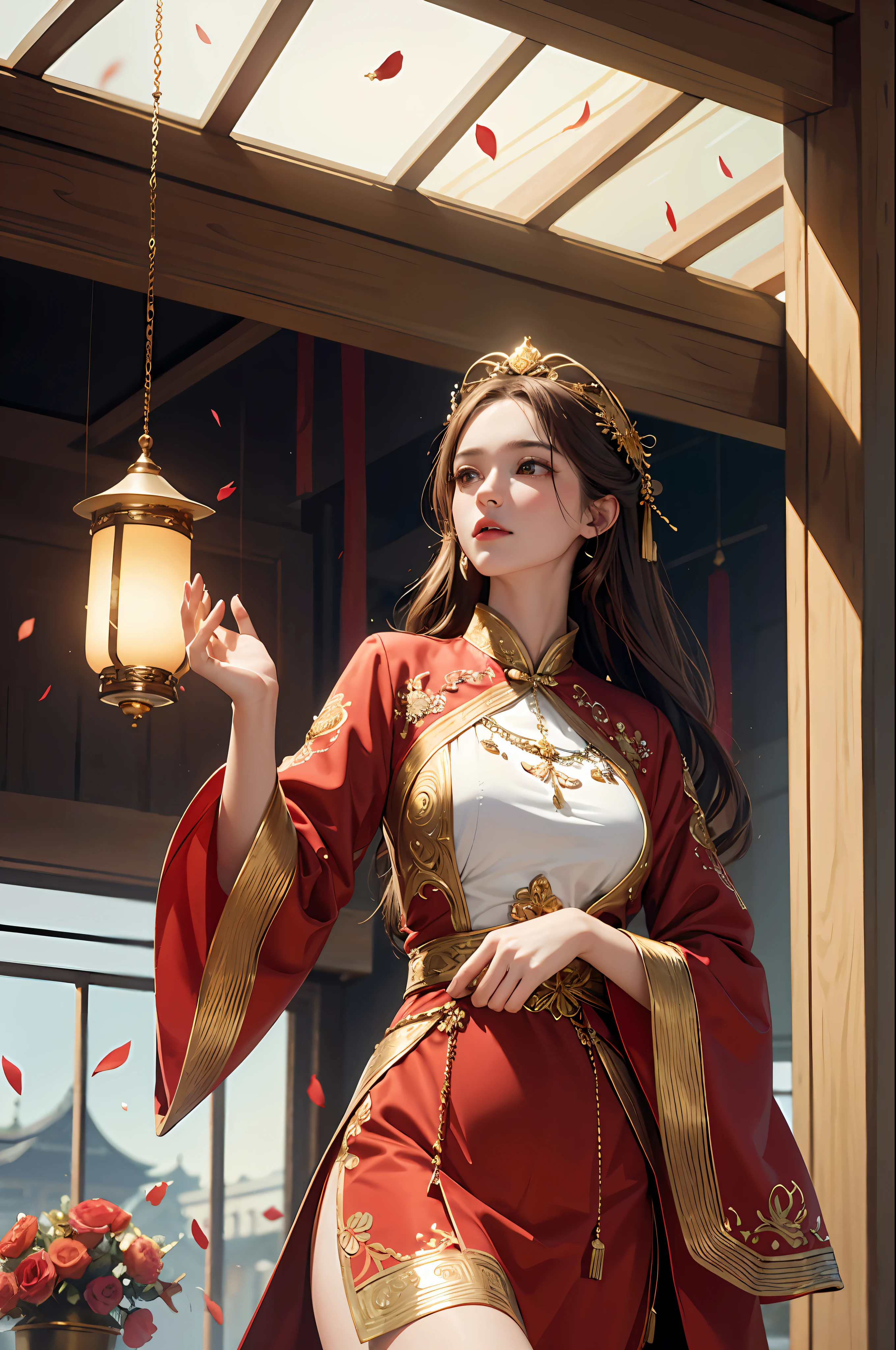 best quality, masterpiece, highres, (exquisite body:1.5),gorgeous face,(milky skin:1.3),intricate details,high resolution,wallpaper,
1girl, solo, dress, hair ornament, (((gold and red dress))), flowers, long hair, brown hair, closed mouth, jewelry, long sleeves, hand up, wide sleeves, big eyes,floating hair, chinese clothes, hanfu, embroidery, long skirt, natural pose, falling petals, indoor,fanning, lantern,
16K,HDR,highres,depth field,(film grain:1.1),boken,golden hour,(lens flare),vignette,rainbowing,(color grading:1.5)