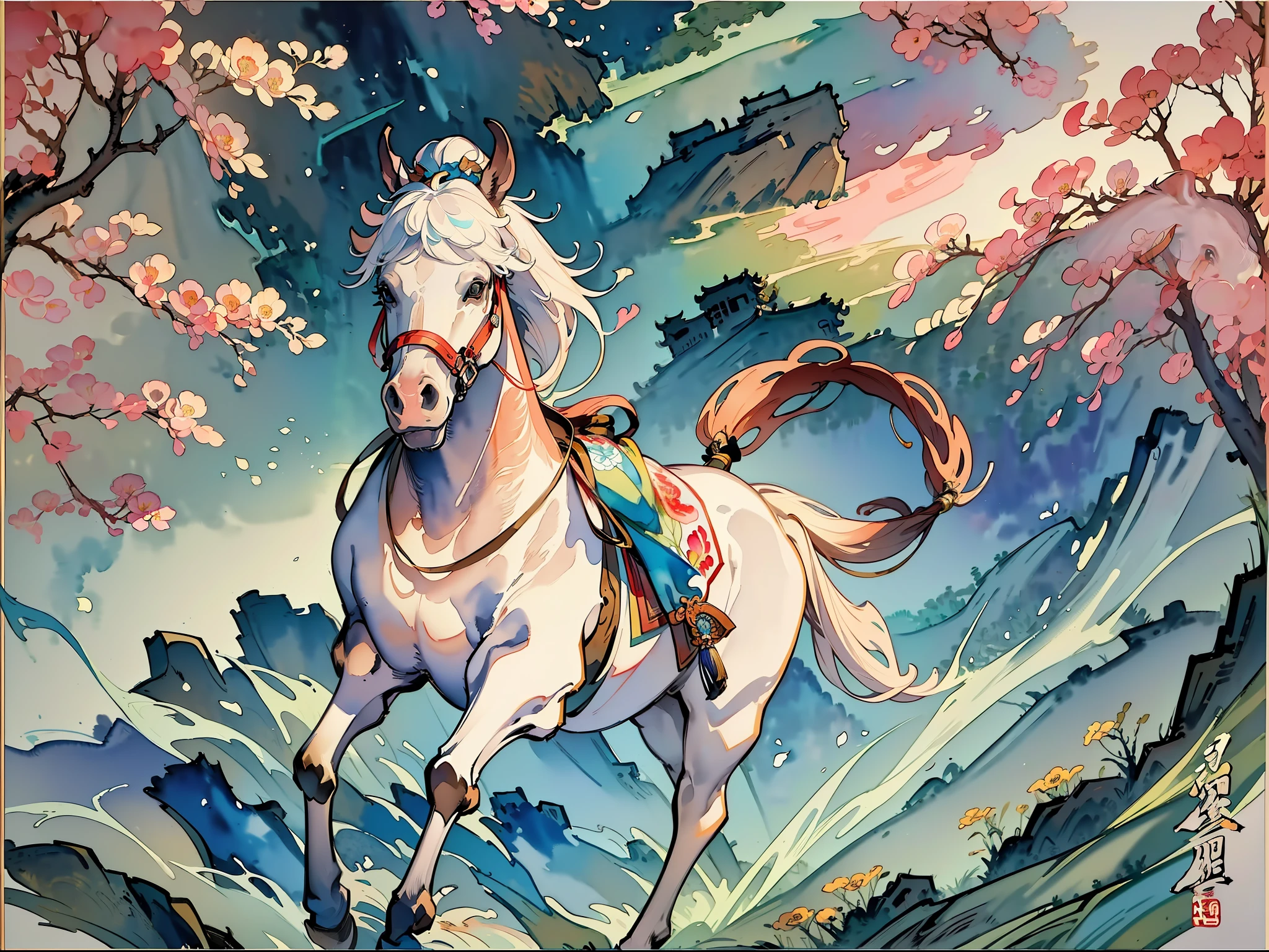 Illustration of a horse, illustration, (((close-up of the horse))), white horse, running, (((watercolor)), forest scene, forest background elements, sky, nature, flowers, Chinese painting style, Chinese watercolor style, traditional Chinese ink painting, traditional Chinese painting, Chinese ink painting, traditional Chinese art, Jin Yiwei