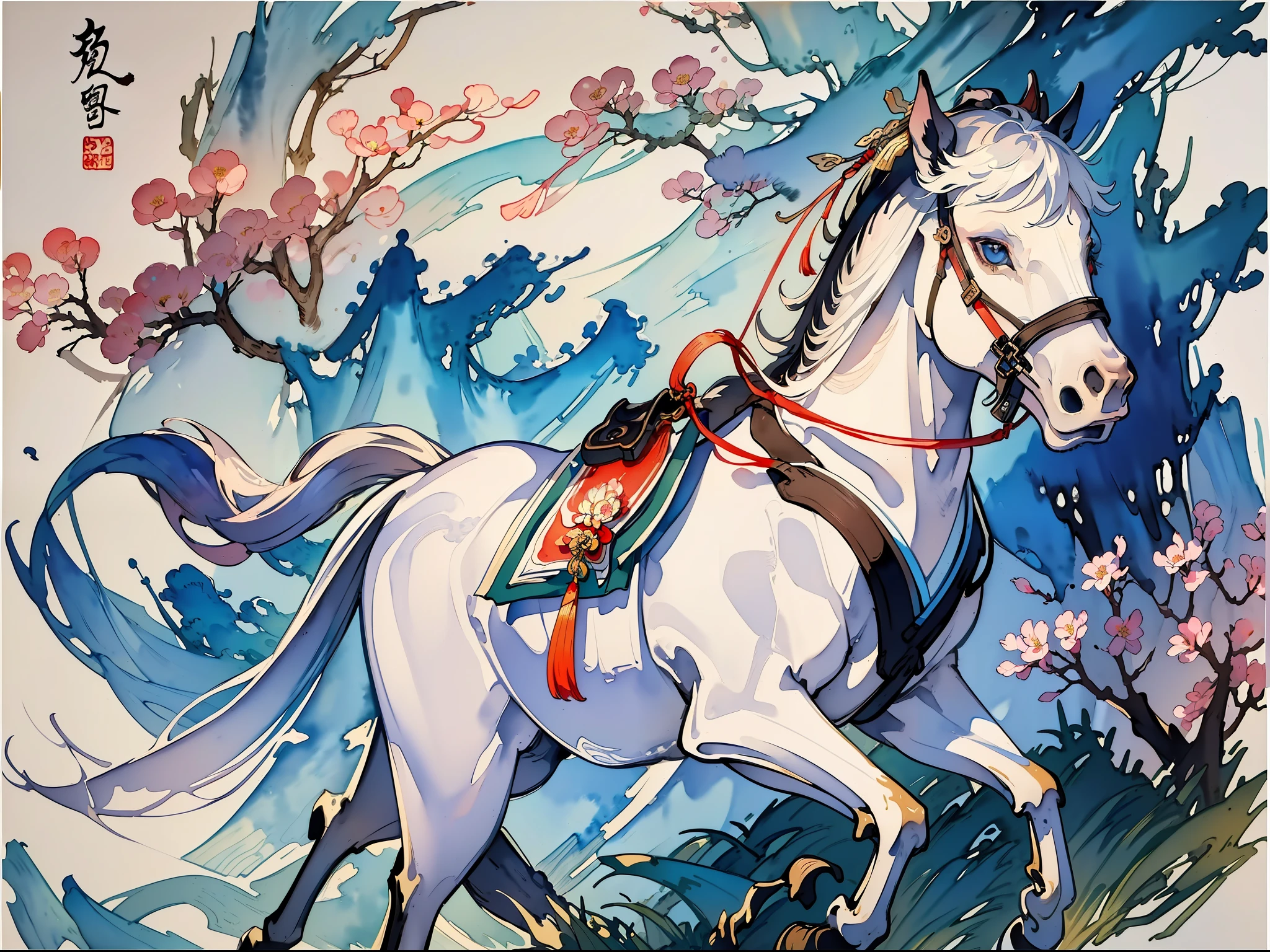 Illustration of a horse, illustration, (((close-up of the horse))), white horse, running, (((watercolor)), forest scene, forest background elements, sky, nature, flowers, Chinese painting style, Chinese watercolor style, traditional Chinese ink painting, traditional Chinese painting, Chinese ink painting, traditional Chinese art, Jin Yiwei