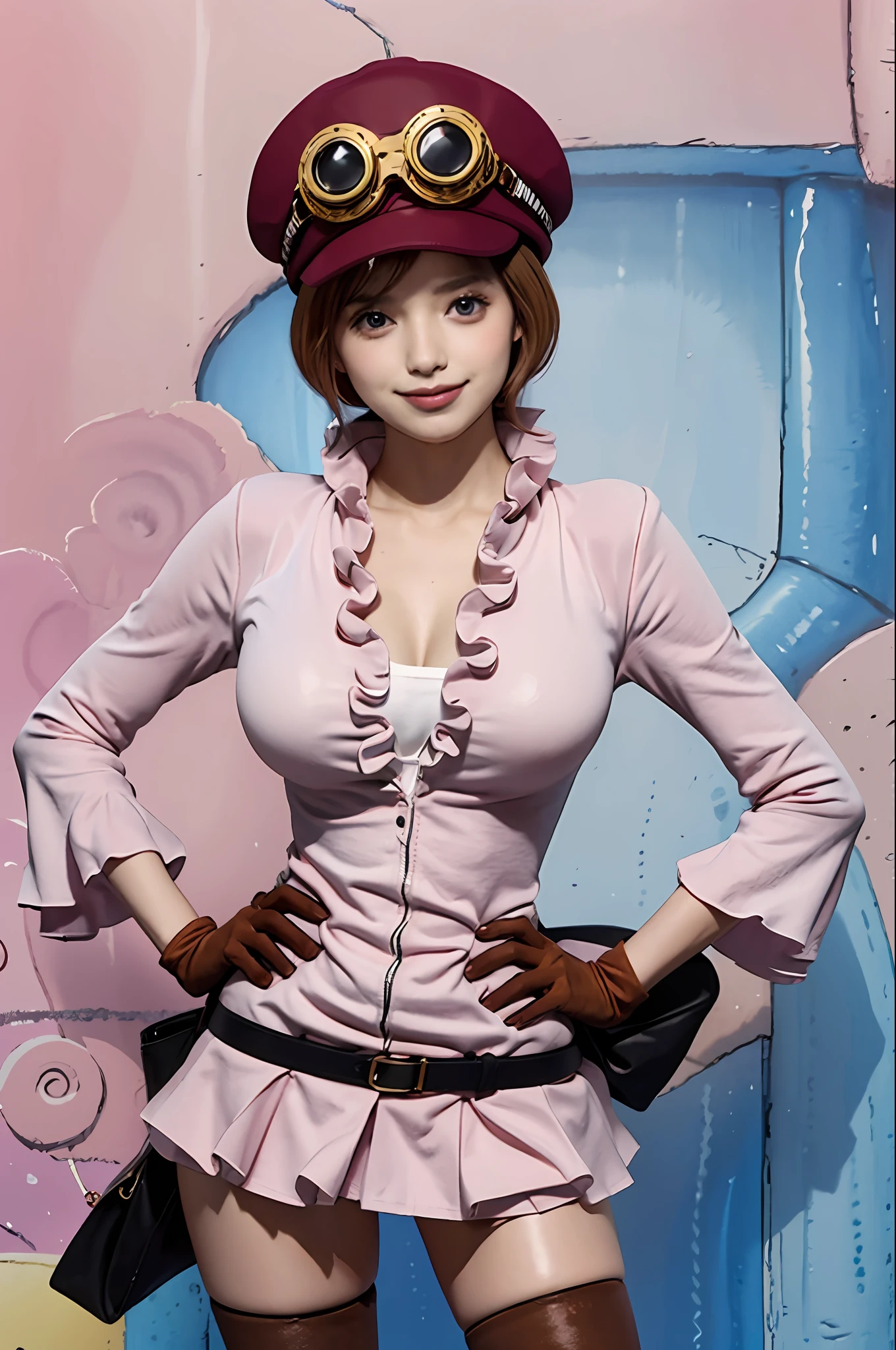 (Masterpiece, Top Quality, Best Quality, Watercolor (Medium), Official Art, Beauty and Aesthetics: 1.2), 1 Girl, Solo, Full Body, Blue Eyes, Black Thigh Stockings, Short Blonde Hair, Brown Boots, Long Sleeved Pink Shirt, Red Frilled Miniskirt, Black Belt, Yellow Goggles on Pink Hat, Brown Gloves, Cross Legs, Pink Jacket Fur Coat over Shoulders, Smile, Hands on Your Chin, Standing, Simple Background,