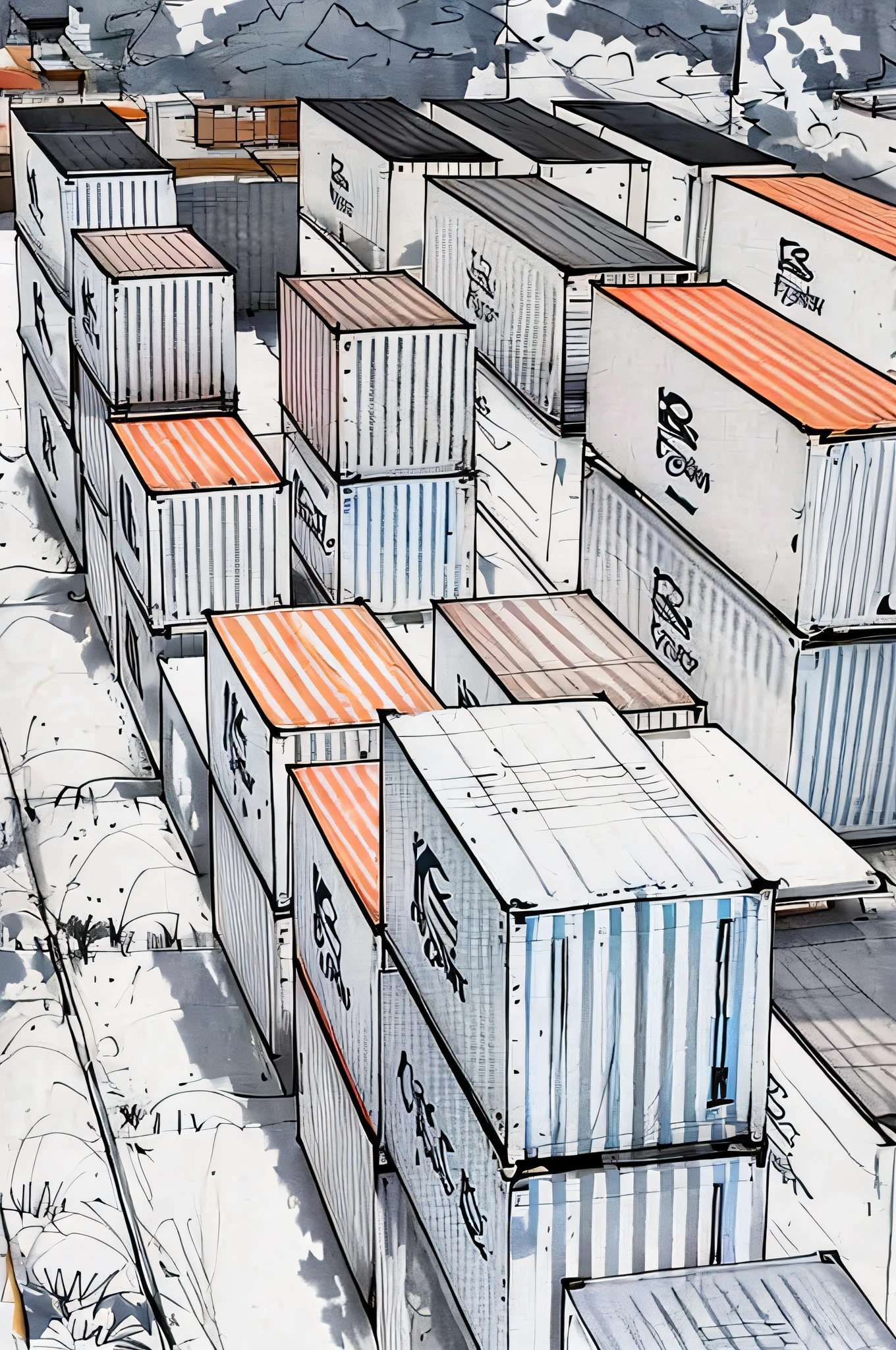linear, gray, white background, simple background, sketch, sketch, pen_sketch_style, close-up of a railway track with a bunch of containers on it, shipping containers, trade warehouses, high-quality loading, thoughtful composition, shipping docks, yard