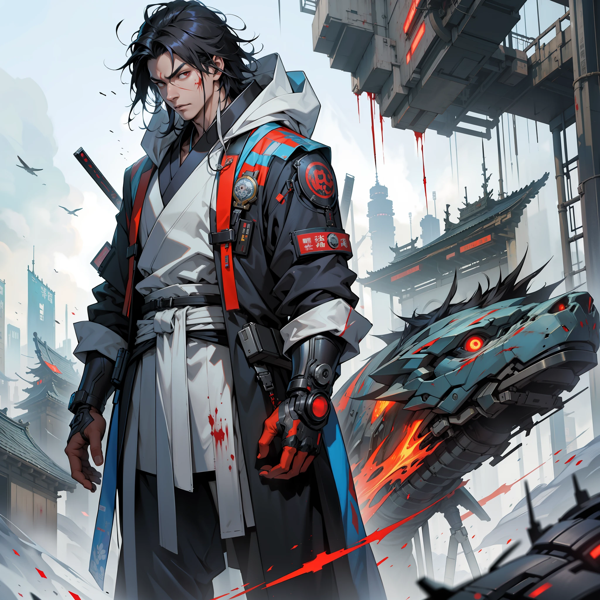 An ancient Chinese boy, hooded head, full body, amazing facial features, blood stains, sharp eyes, cyberpunk, holographic aura, surreal sci-fi art, futuristic sci-fi aesthetics, broken Hanfu, mecha, complex design, game model, movie edge light, delicate light, masterpiece, ultra-detailed, epic composition, super HD, high quality, highest quality, 32k --niji 5