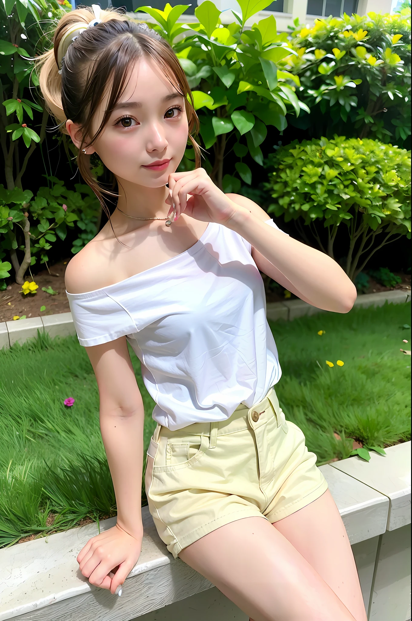 Top quality, ultra high resolution, (photorealistic: 1.4), 1 girl, off-the-shoulder white shirt, look viewer, close-up, slender legs, small, shorts, dazzling light, 15 years old, ponytail