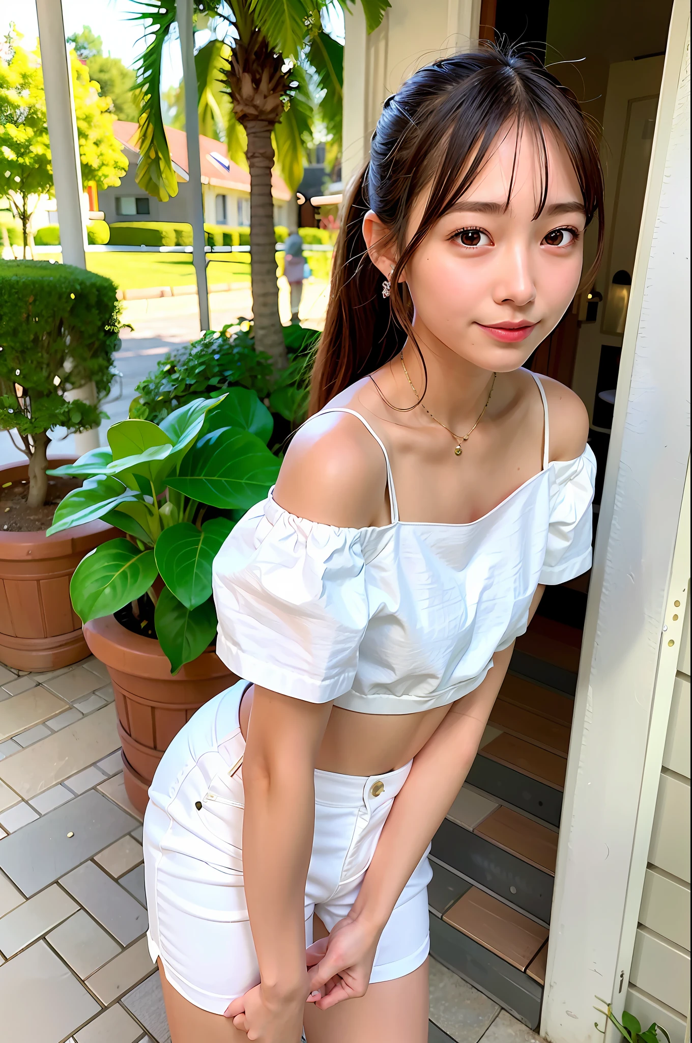 Top quality, ultra high resolution, (photorealistic: 1.4), 1 girl, off-the-shoulder white shirt, look viewer, close-up, slender legs, small, shorts, dazzling light, 15 years old, ponytail