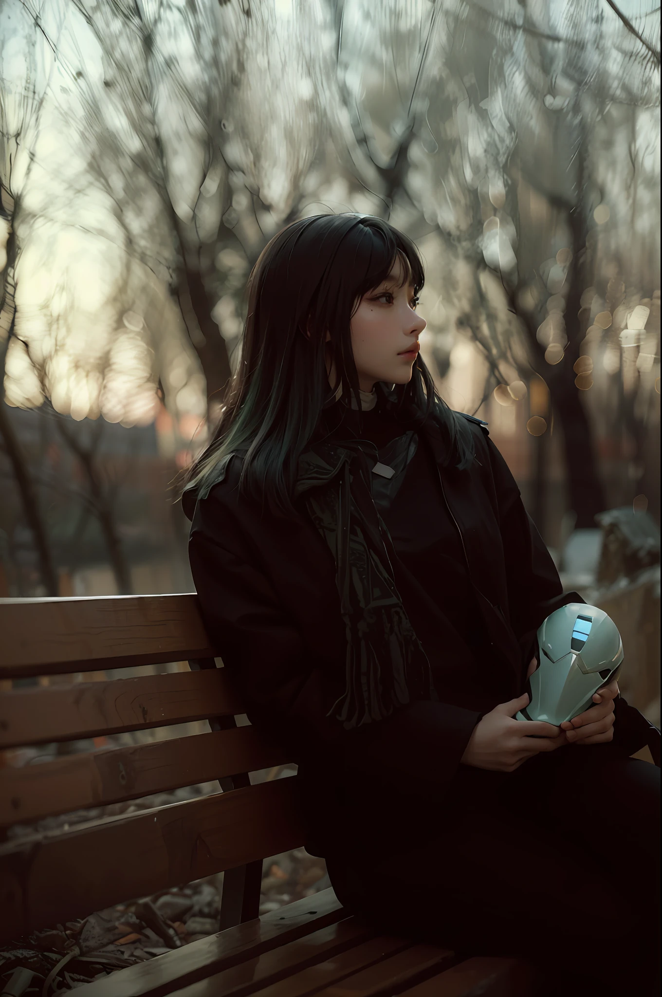 Highest image quality, outstanding details, ultra-high resolution, (realism: 1.4), the best illustration, favor details, highly condensed 1girl, with a delicate and beautiful face, dressed in a black and green mecha, wearing a mecha helmet, holding a directional controller, riding on a motorcycle, the background is a high-tech lighting scene of the future city.