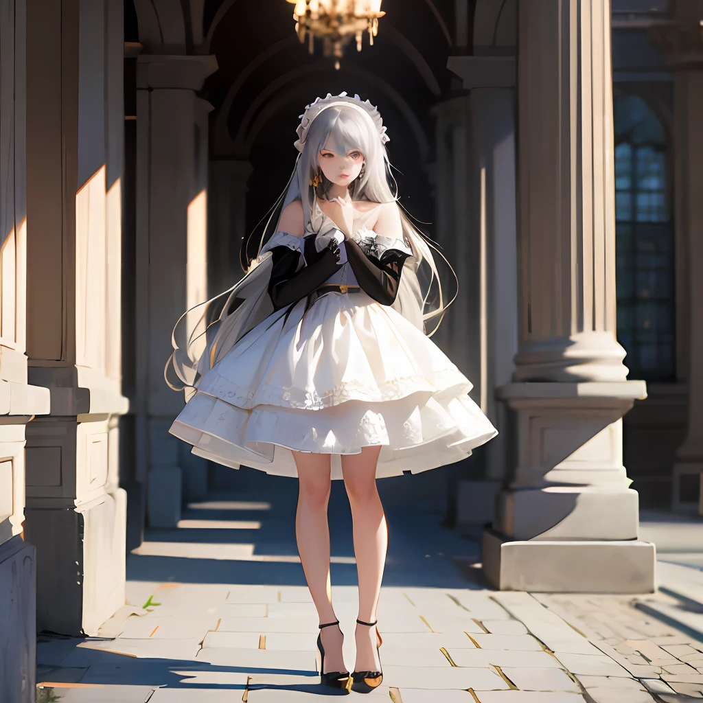1 girl, long silver hair, medium, lolita, masterpiece, HDR, standing, full face facing, high heels --auto --s2