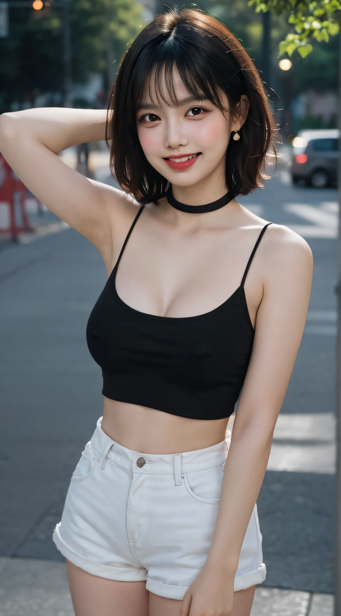 masterpiece, film grain, upper body photo of a Young girl in a white sheer fabric(short camisole), solo, ((hardnipples)), absurdity, realistic(face, body, skin), (cute:1.35), cuties, (big breasts:1.275), detailed black eyes, innocent eyes, blusher, black choker, earrings, short hair, (messy bob hair), areola slip, areola slip out, Very Short Black Hot Pants, shiny pink lips, closeup, look at viewer, open lips, upper teeth, (smiling eyes:0.375), ((grinning:1.125)), depth of field, outdoors, cinema light, blurred background, eye focus, Bokeh, Professional Lighting, Portrait, Photon Mapping, Radiosity, Physically Based Rendering, soft light, (nsfw:1.1),