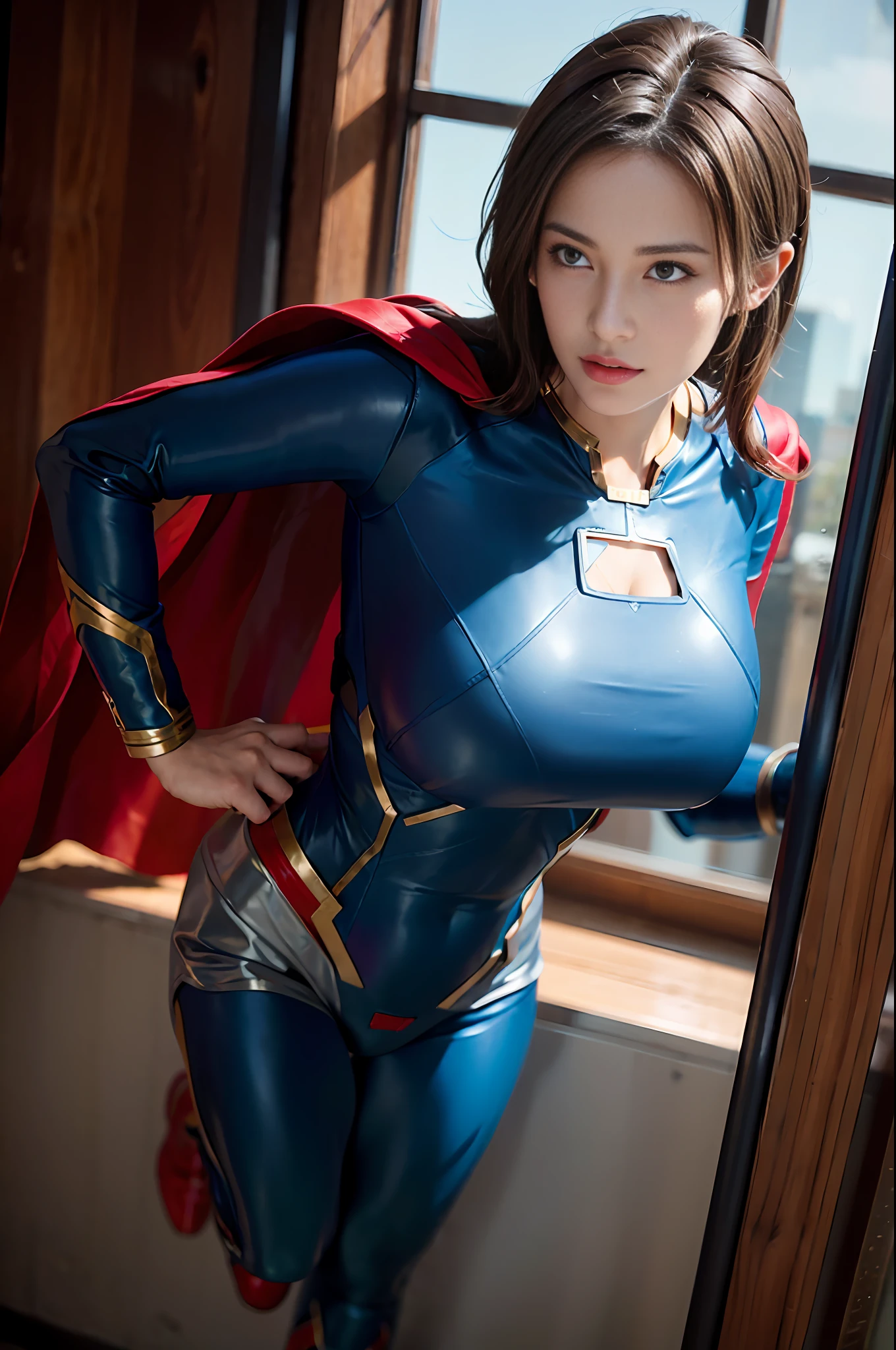 RAW, Masterpiece, Super Fine Photo, Best Quality, Ultra High Resolution, Photorealistic Photorealism, Sunlight, Full Body Portrait, Amazing Beauty, Dynamic Pose, Delicate Face, Vibrant Eyes, Short Brown Hair, (She Wears Futuristic Full Body Superman Uniform), Messy, Gorgeous, Highly Detailed Skin, Particularly Huge Breasts Chest, Chest Covered by Clothing, Realistic Skin Details, Visible Pores, Sharp Focus, Volumetric Fog, 8K UHD, DSLR Camera, High Quality, Film grain, fair skin, photo realism