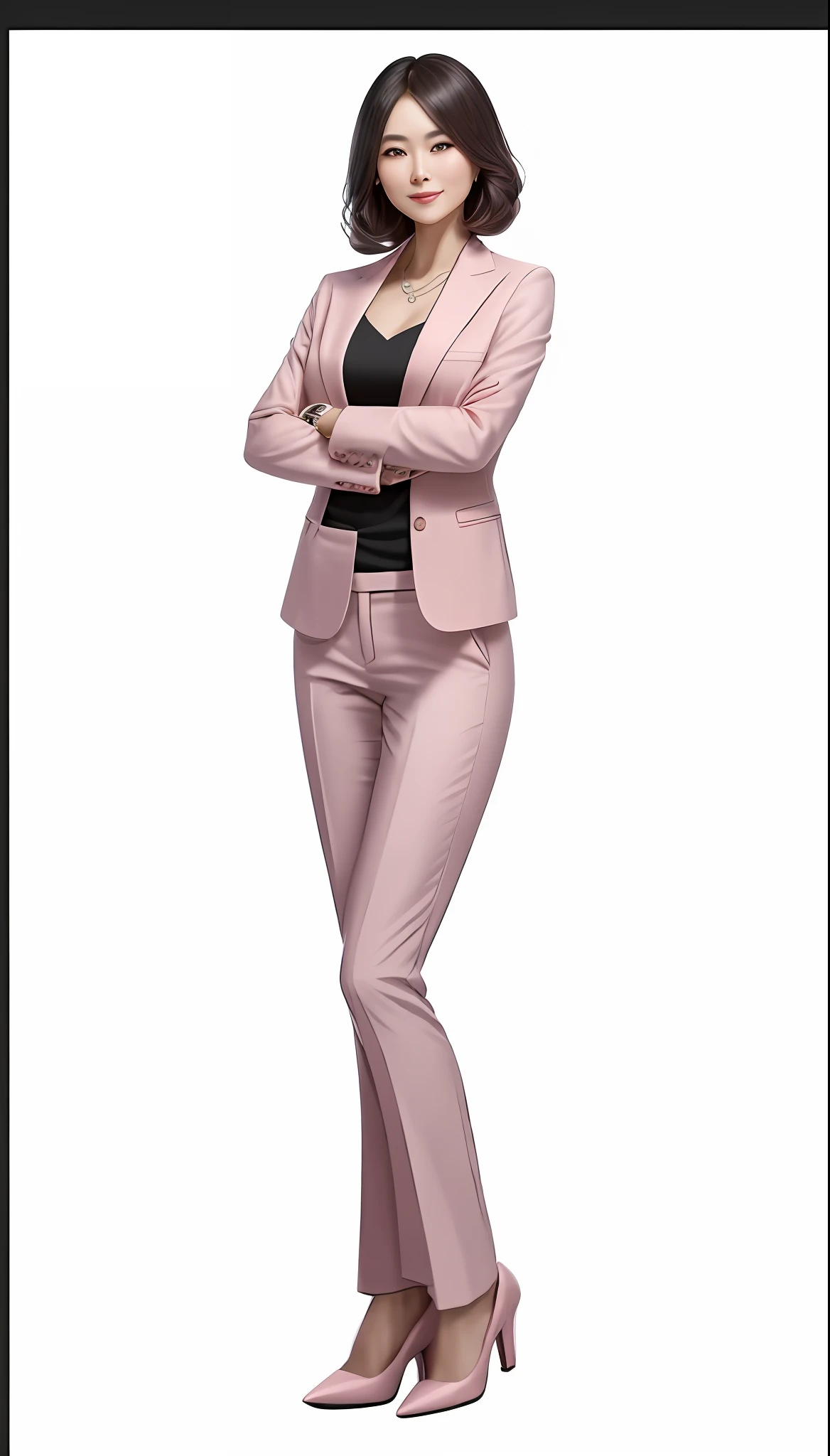 A Chinese woman, capable, shrewd, business elite, gentle and resolute eyebrows, good-looking face, royal sister face, 37 years old, light smile, light pink blazer, light pink suit pants, light pink high heels, arms crossed, full body, 8k, HD, high resolution, best, cg art, looking at camera, (masterpiece), (extremely complex), top quality, best quality, very detailed, close-up, focus