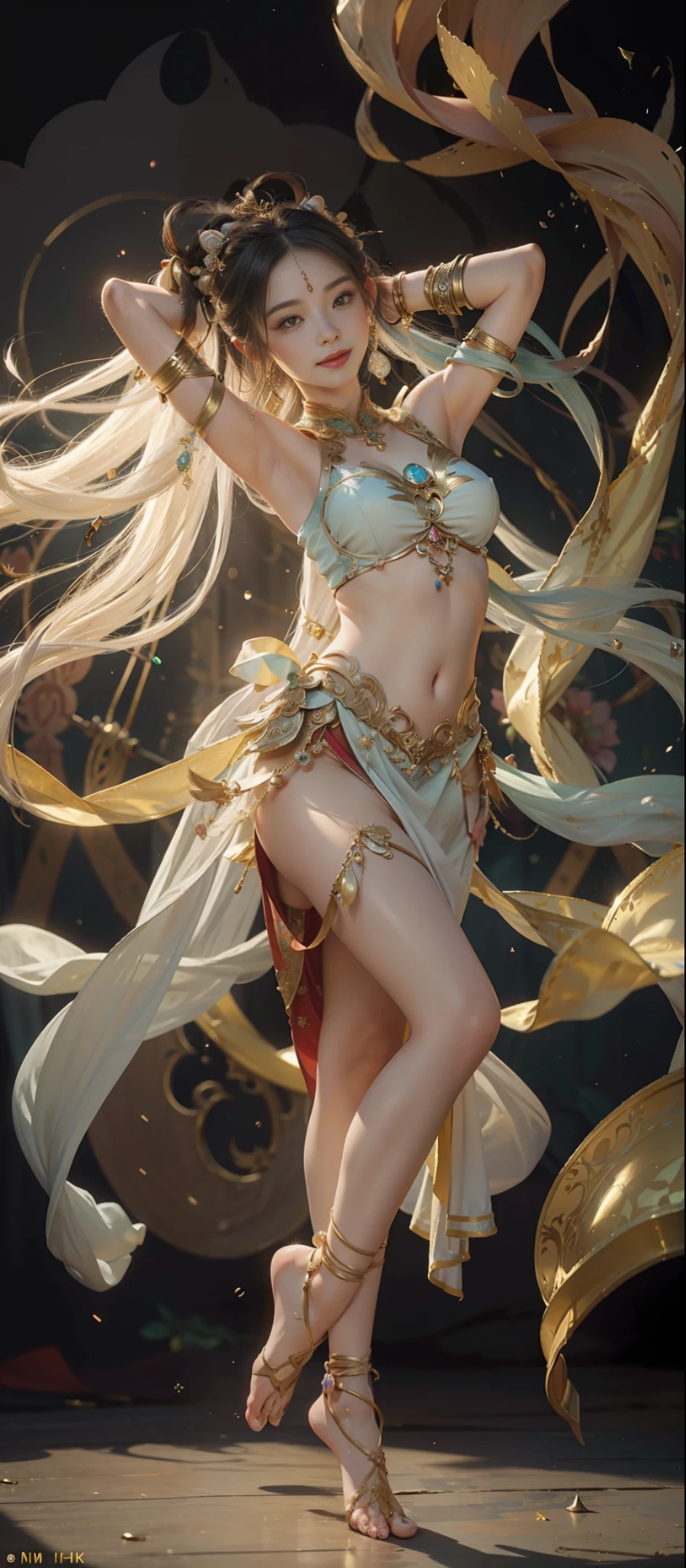 Dunhuang style, 1girle, shoulders, navel, flying fairy, Dunhuang mural in background, dance, white hair, lots of hair, very long hair, hair accessories, ribbons, earrings, gold jewelry, hair bubbles, copper bells, red clothes, flowers on the head, gradient eyes, smile, barefoot, no shoes, full body portrait, surrealism, high detail, romanticism, cinematic lighting, glitter, reflected light, masterpiece, super detail, textured skin, anatomically correct, high detail, best quality, high quality, high quality, Award-winning, 8K