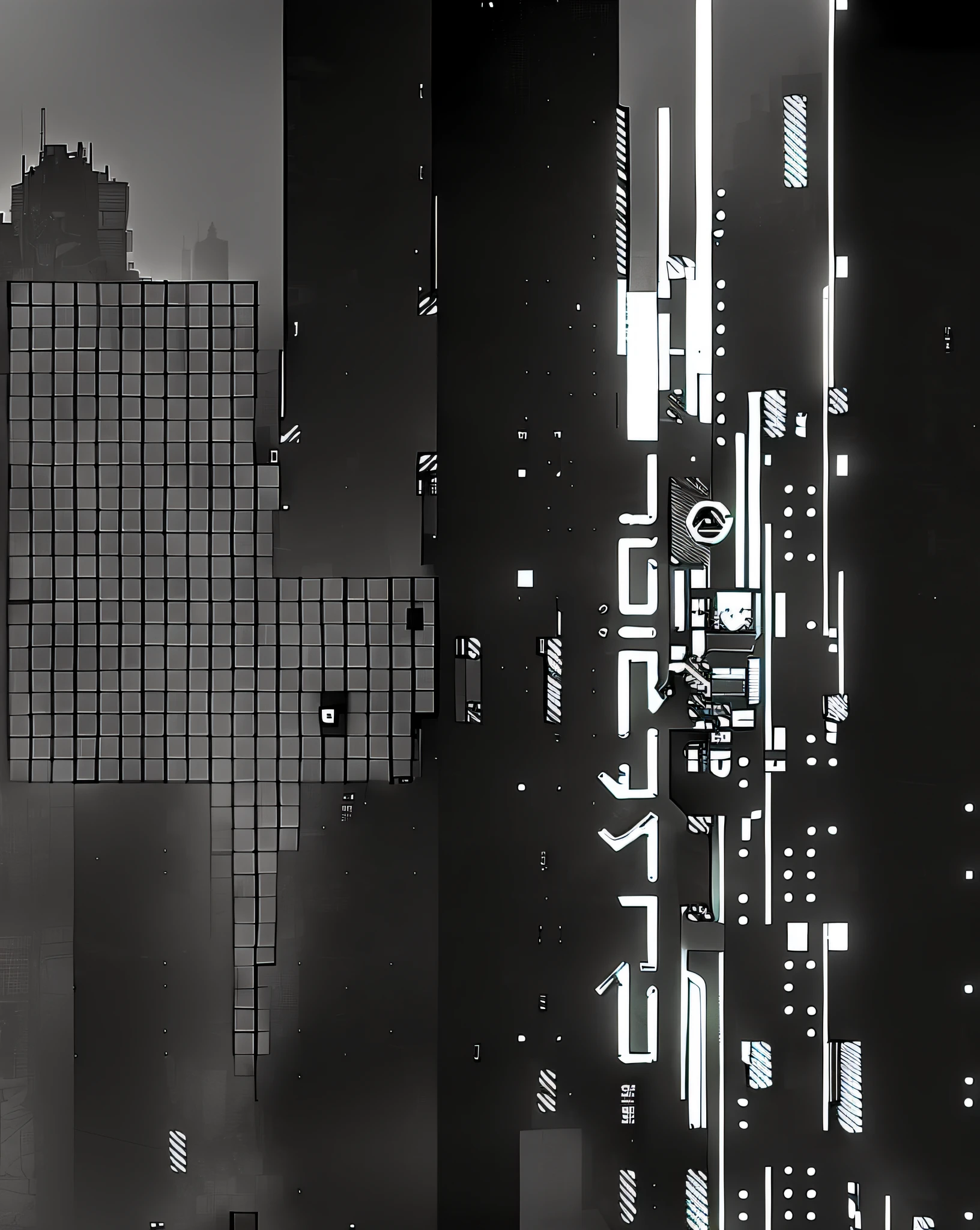 a black and white image of a city with a clock and a building, generative line art, ( ( generative ) ), ( ( glitch art pixel sorting ) ), abstract tech, graphic glitches, circuitry, intricate abstract. cyberpunk, ( ( dithered ) ), line vector art, inspired by Ryoji Ikeda, digital glitches glitchart, digital glitches