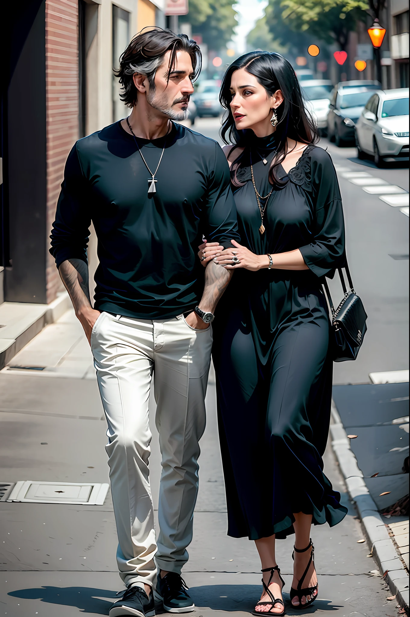 Couple in love talking, he is the actor Cauã Reimound with 45 years of age, she is Bella Gil with 40 years of age, romantic talking in black clothes.