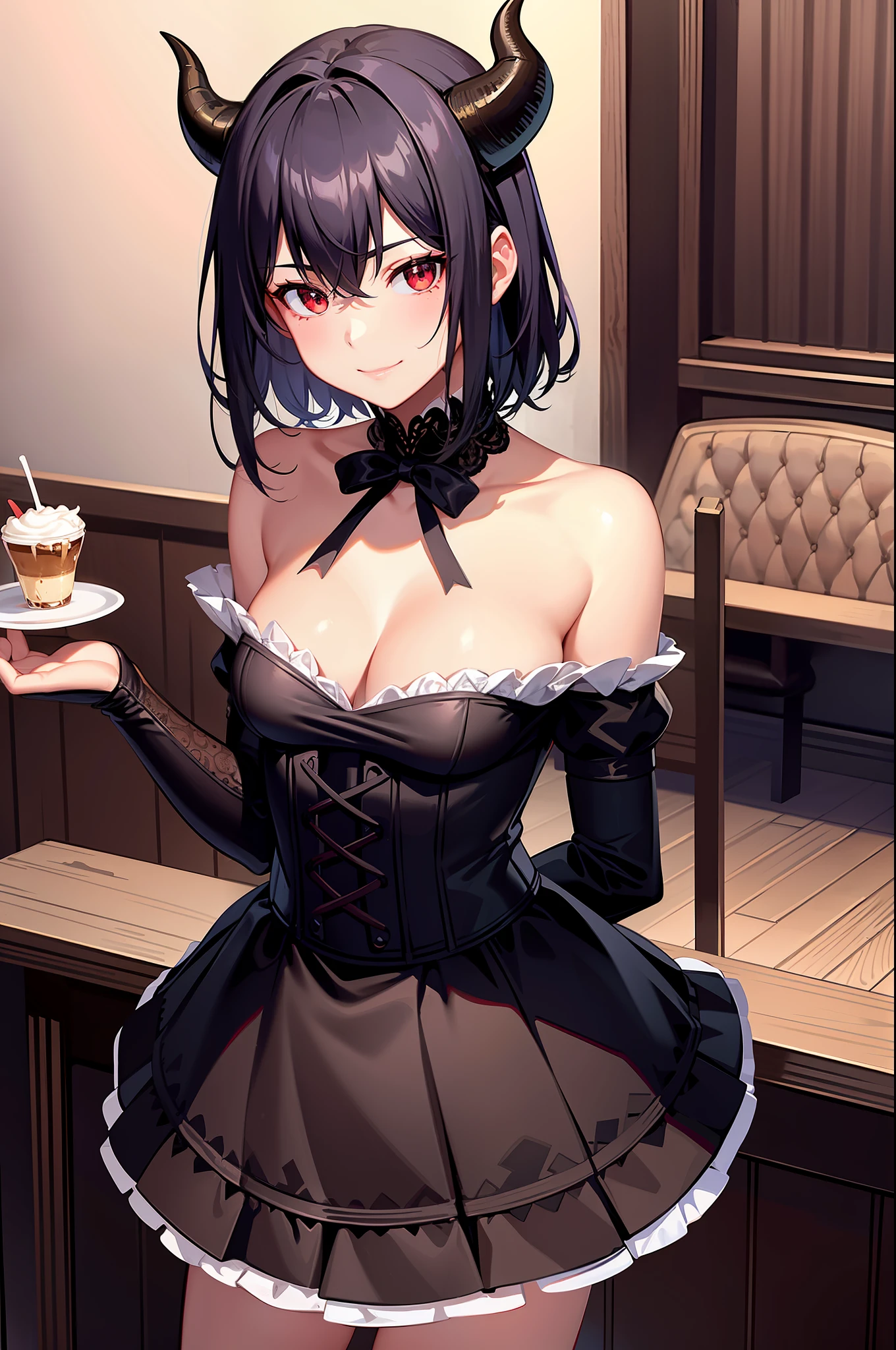 ultra realistic 8k cg, masterpiece, ((ultra detailed background, delicate pattern, intricate detail)), (highly detailed, fine details), best quality, 1girl, (photorealistic:1.4), beautiful lighting, RAW photo, film grain, ((medium breasts, slim girl)), Baccarat, Nero, 1girl, short hair, solo, horns, black hair, red eyes, collarbone, closed mouth, bare shoulders, (demon horns), hair between eyes, cleavage, indoor, ((cafe)), maid cafe, cowboy shot, small breasts, slim girl), small horn, maid, (maid dress), meidofuku, cafe, smile, happy face, approne, skirt, pleated skirt, glove, stocking, shoes, indoor, table drink, food, waiters, cafe service,