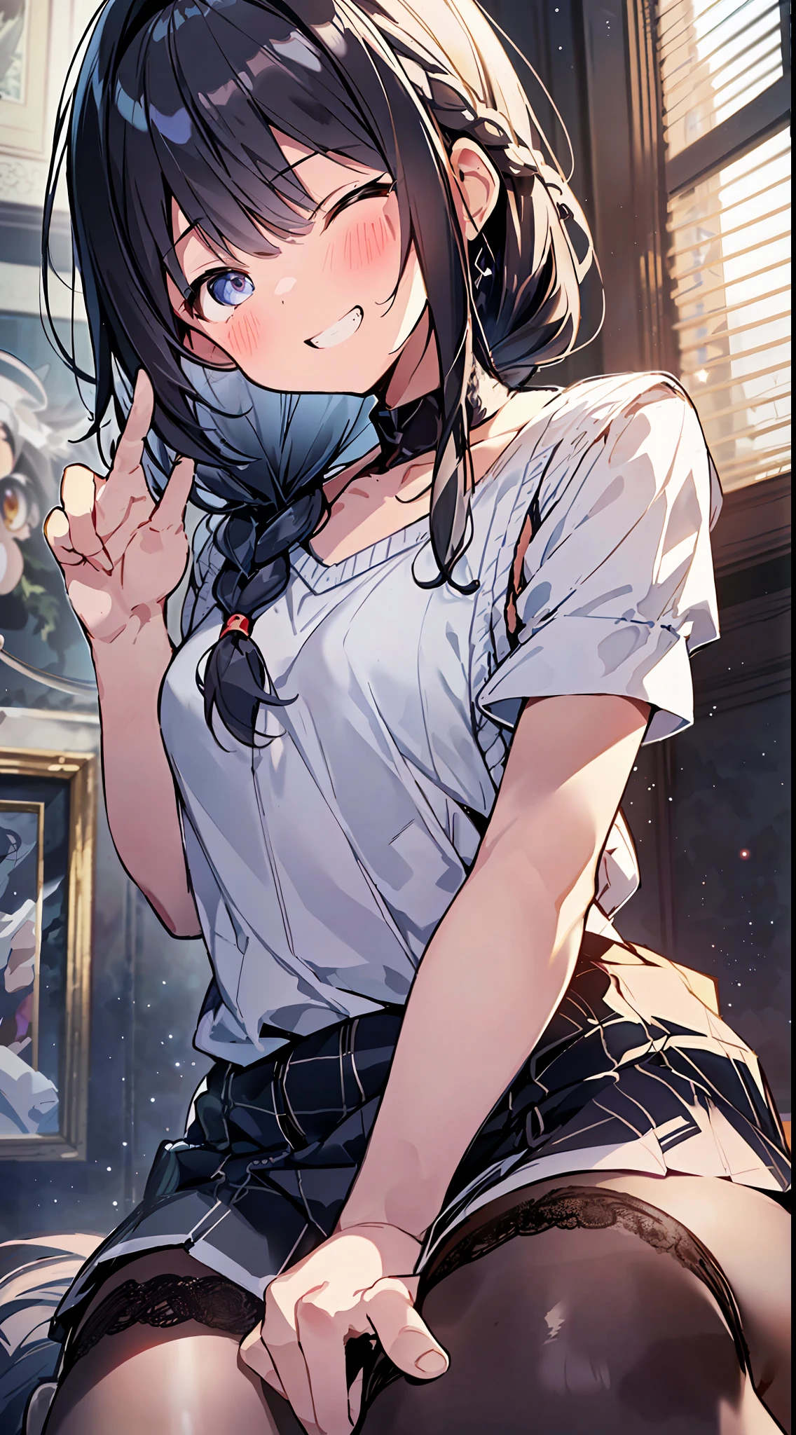 Top Quality, Best Masterpiece, Ultra High Definition, 8K, White Sweater Vest, Anime Style li, Single, Ultra Detailed Line Art, Digital Enhancement, Anime Core, Flowing Fabric, Close Up, ((Hair length to shoulder and short braid)), staring at us from the front, Soft drawing, Beautiful black hair, (((Little gianime style)), Crisp eyes, grin, teeth, wide mouth, closed eyes, highfive, ultra-detailed digital anime art, clear face depictions, ultra-detailed anime character art, ultra-detailed manga style, top quality colors, hand gestures, foot-up angles, indoors