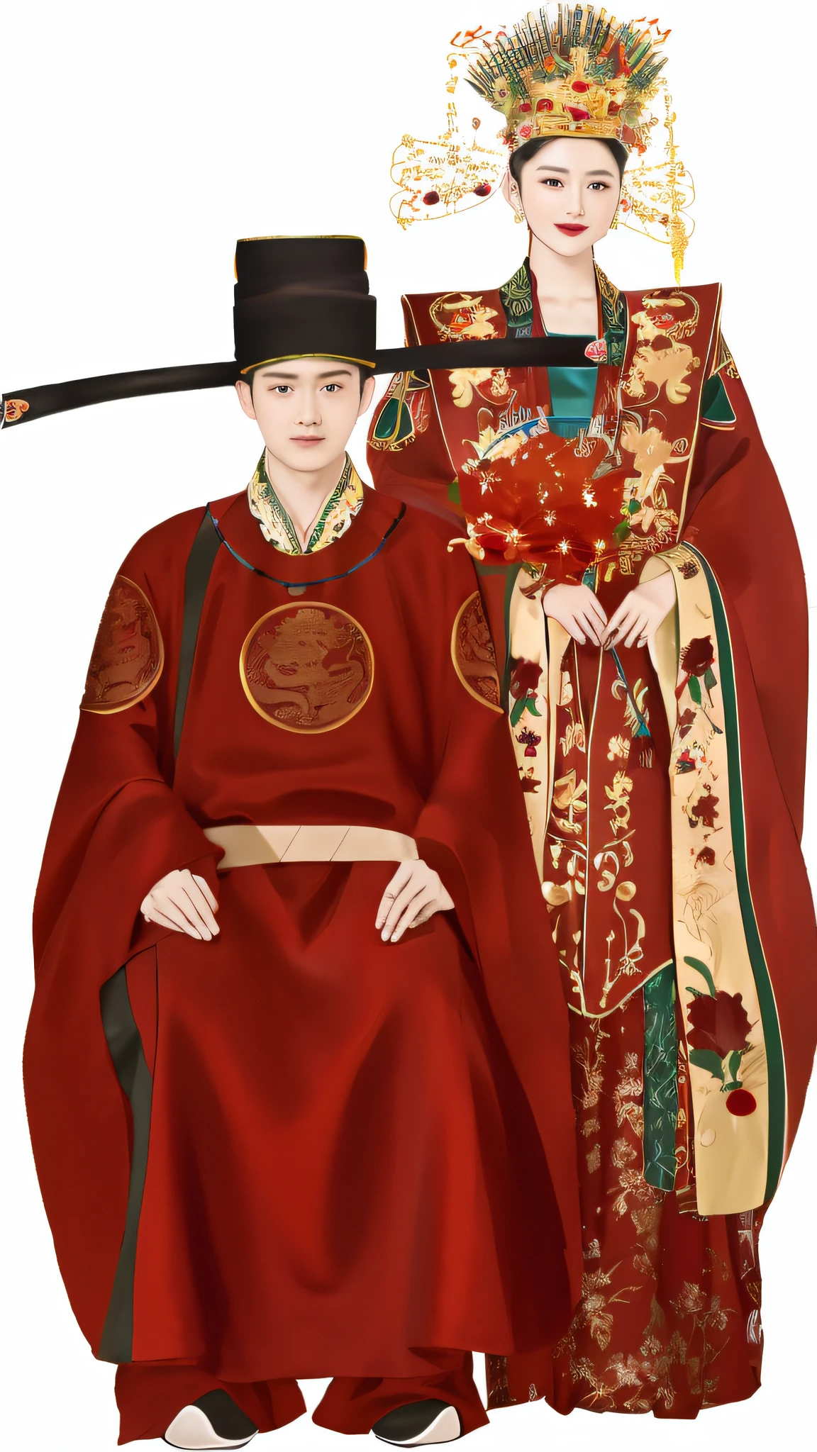 arafed image of a couple of people dressed in traditional chinese clothing, wearing ancient chinese clothes, hanfu, wearing gilded red royal robes, traditional chinese clothing, traditional chinese, wearing gilded red robes, imperial royal elegant clothing, with acient chinese clothes, chinese empress, wearing ornate silk clothes, inspired by Xuande Emperor, inspired by Emperor Huizong of Song --auto --s2