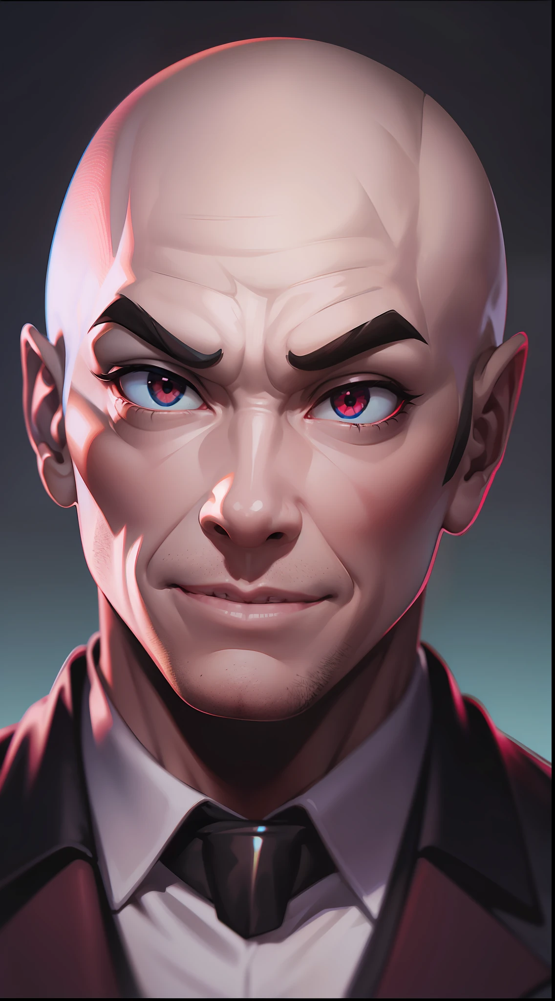 bald, hollow eyes, Jerome, seductive smile, drop shadow, anaglyph, atmospheric perspective, Minimalism, Pixar, perspective, bust chart, Wide-Angle, 8k, super detail, accurate