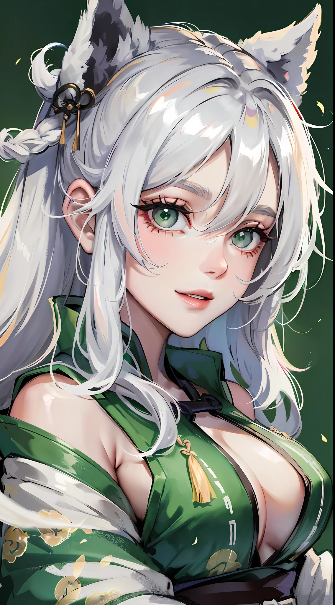 Adult woman, long white hair, green eyes, wide neckline, plunging neckline, smile, hanfu, masterpiece, high quality