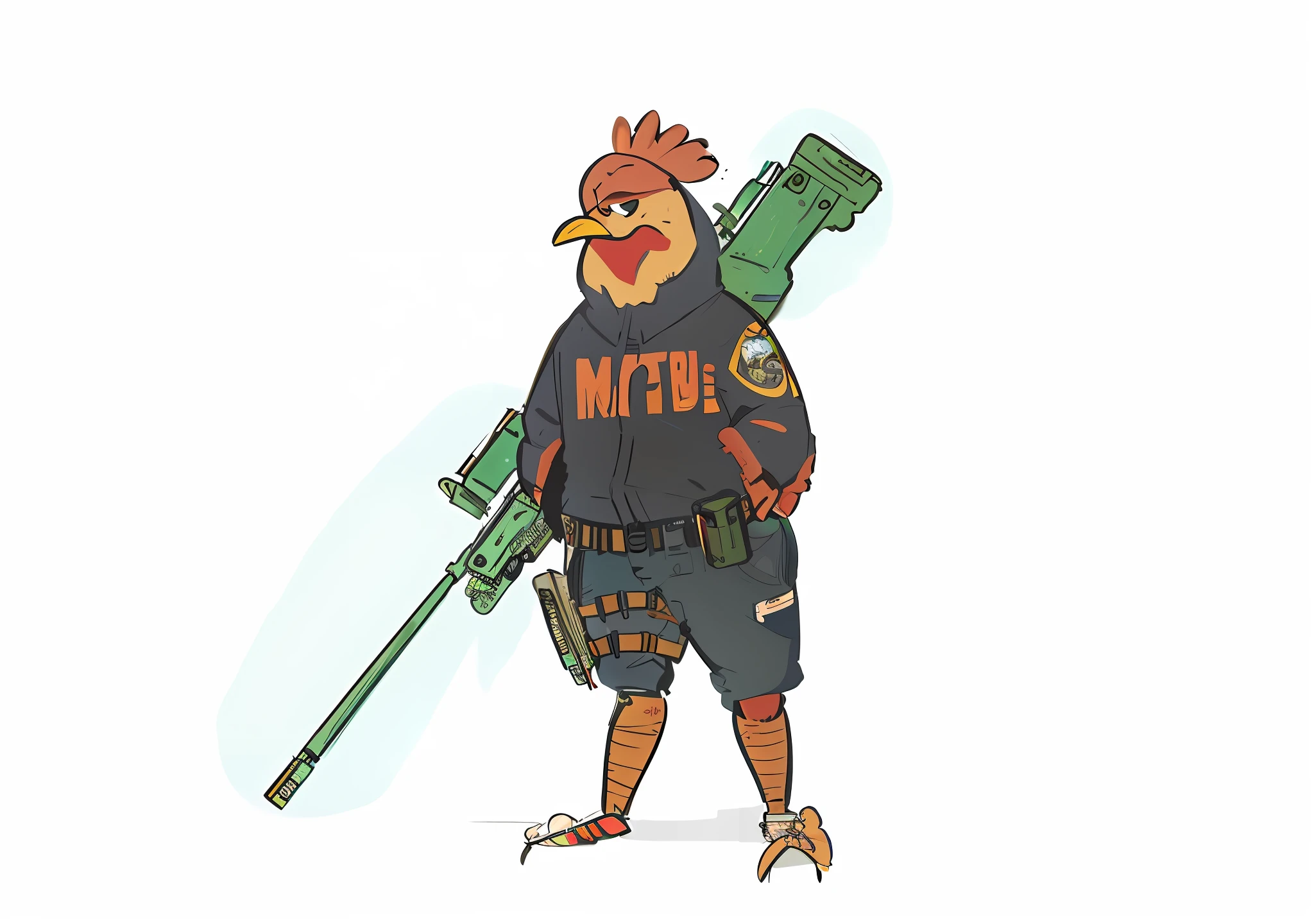 cartoon of a chicken with a gun and a gun in its hand, character design police man, mascot illustration, character design police man!!, anthropomorphized chicken, video game character concept, character design contest winner, unrealistic character concept, duke nukem art style, comic character design, robocop duck, character design concept, armed, game character design