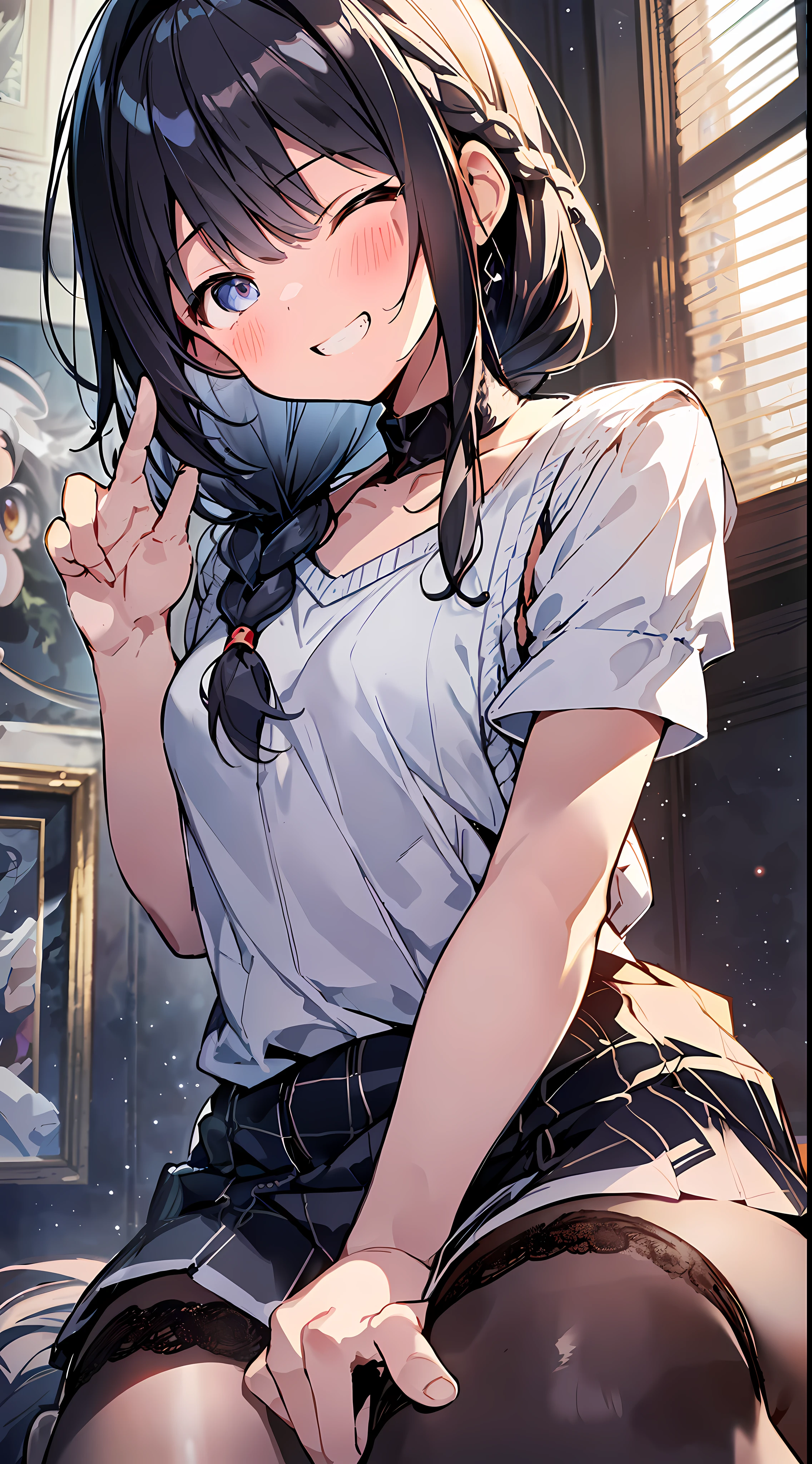 Top Quality, Best Masterpiece, Ultra High Definition, 8K, White Sweater Vest, Anime Style Little Loli, Single, Ultra Detailed Line Art, Digital Enhancement, Anime Core, Flowing Fabric, Close Up, ((Hair length to shoulder and short braid)), staring at us from the front, Soft drawing, Beautiful black hair, (((Little girl in anime style)), Crisp eyes, grin, teeth, wide mouth, closed eyes, highfive, ultra-detailed digital anime art, clear face depictions, ultra-detailed anime character art, ultra-detailed manga style, top quality colors, hand gestures, foot-up angles, indoors