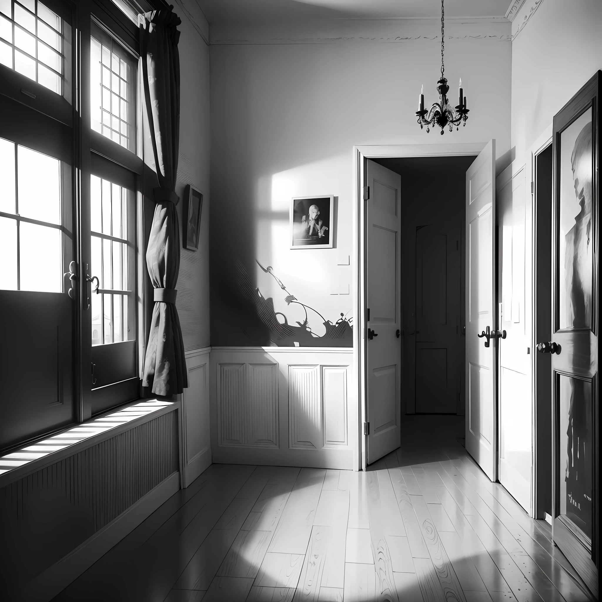 silhouette, black and white, apartment, old, creepy --auto --s2