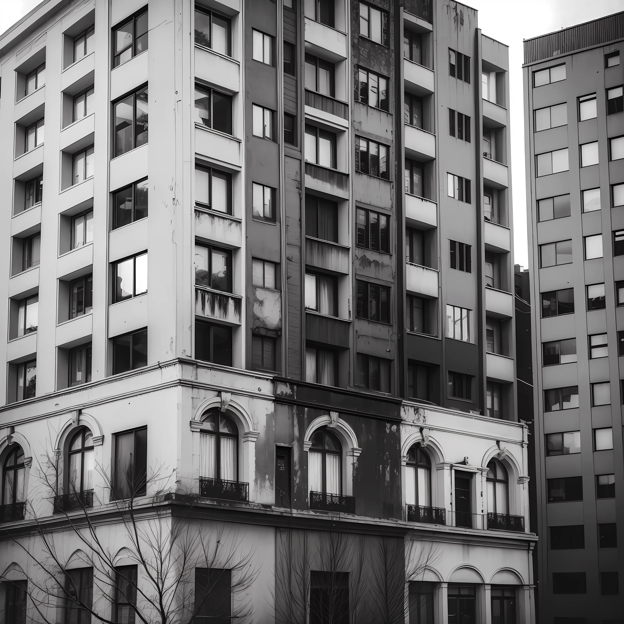 silhouette, black and white, apartment, single building, exterior, whole building, old, creepy --auto --s2