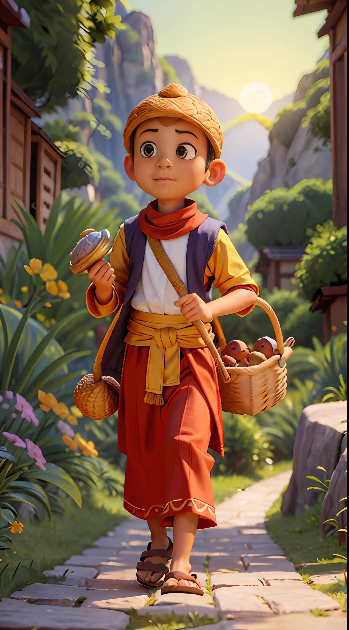 Tips: A little monk with his left hand on his chest chanting Buddhist scriptures, walking on a rugged mountain road, a pangolin in the back basket, followed by a small yellow dog next to it, the sunset sun, the picture is very warm, with very detailed facial features and Disney-style visual effects.
