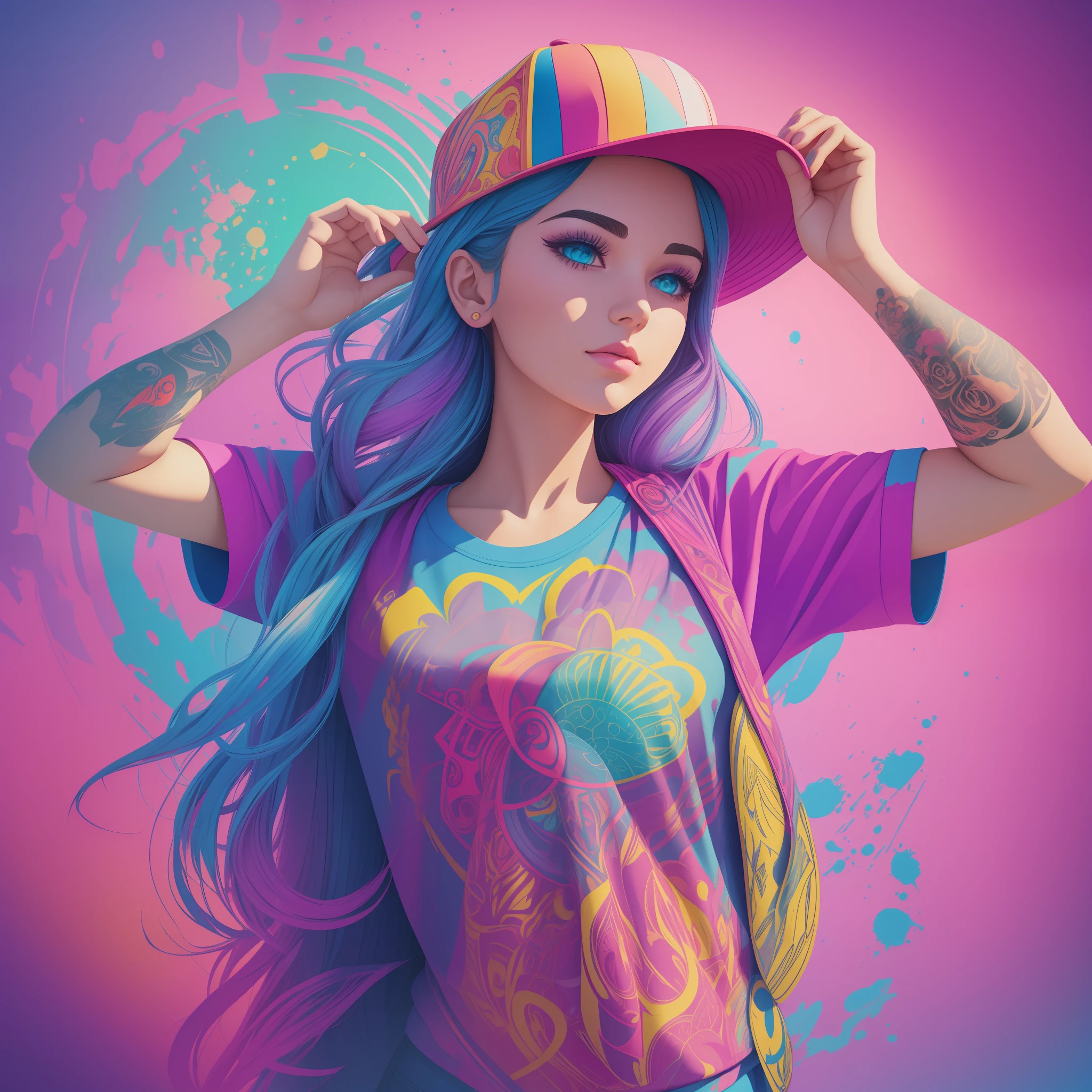 A detailed illustration of a beautiful girl, wearing a hat, the girl have tattoos in the arms, psychedelic artsyle, t-shirt design, splatter artstyle, pastel tetradic colors, 3D vector art, fantasy art, watercolor effect, Adobe Illustrator, hand-drawn, digital painting, low-poly, soft lighting, isometric style, retro aesthetic focused on the character, 4K resolution, photorealistic rendering, using Cinema 4D