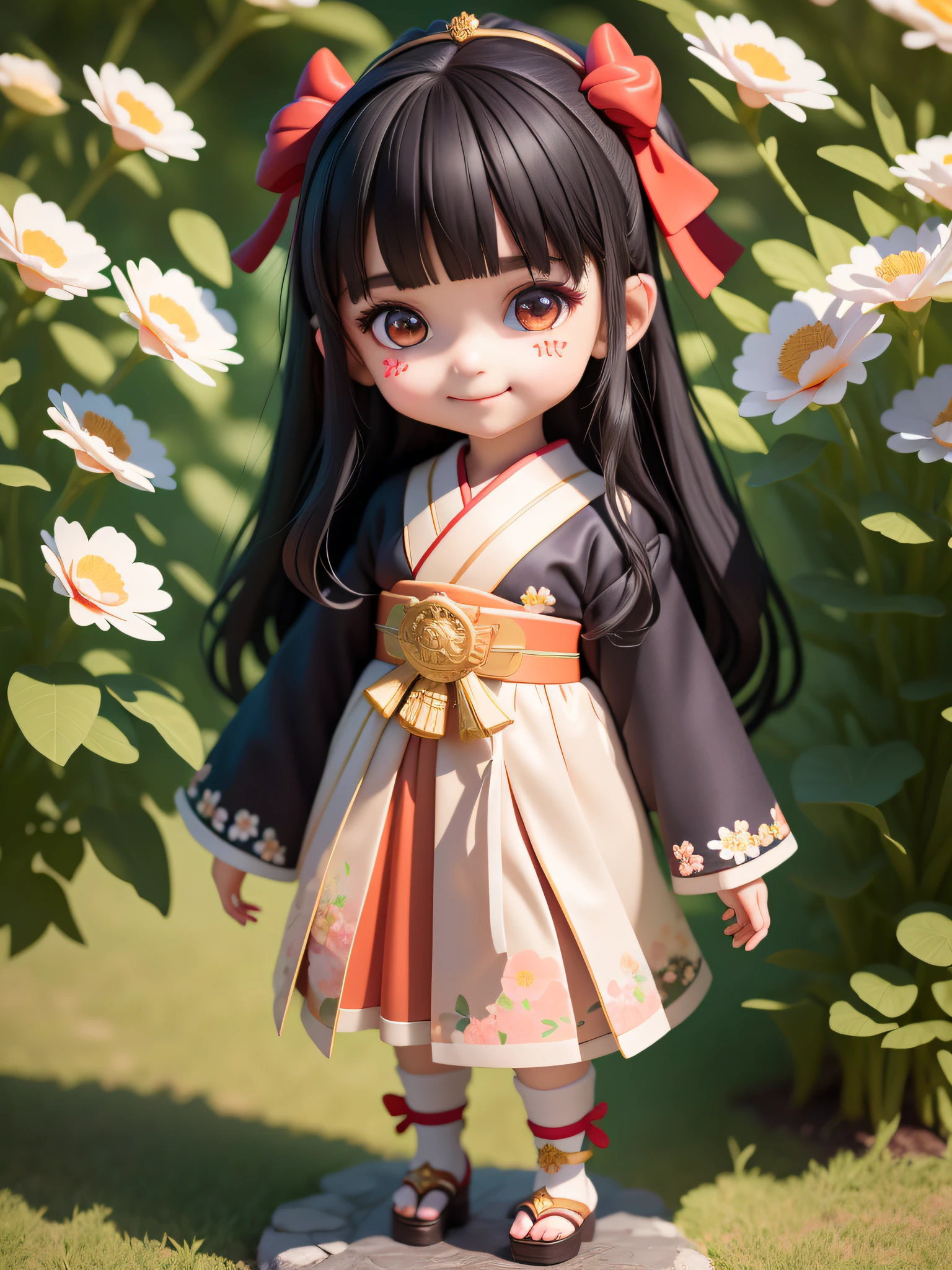 (masterpiece), (highest quality), (super detail), (full body: 1.2), one very cute little girl with black hair and blush, flowers, outdoors, priestess cosplay, red hakama, black hair, blush sticker, long sleeves, bangs, flowers (beautiful detailed face), (beautiful detailed eyes), smile, with bow,