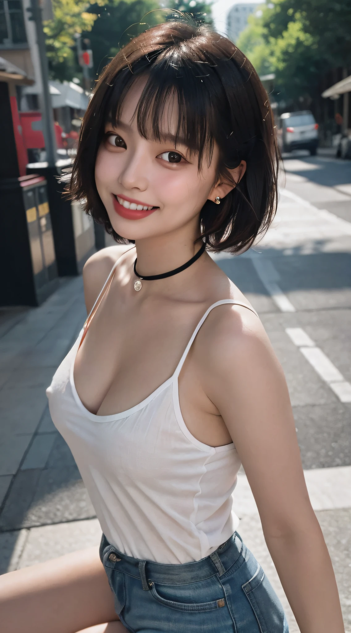 masterpiece, film grain, from above, upper body photo of a Young girl in a white sheer fabric(short camisole), solo, ((hardnipples)), absurdity, realistic(face, body, skin, high detailed skin, skin pores), (cute:1.35), cuties, (big breasts:1.275), detailed black eyes, innocent eyes, blusher, black choker, earrings, short hair, (messy bob hair), areola slip, areola slip out, Very Short Black Hot Pants, shiny pink lips, closeup, look at viewer, open lips, upper teeth, (smiling eyes:0.375), ((grinning:1.125)), depth of field, outdoors, cinema light, blurred background, eye focus, Bokeh, Professional Lighting, Portrait, Photon Mapping, Radiosity, Physically Based Rendering, soft light, (nsfw:1.1),