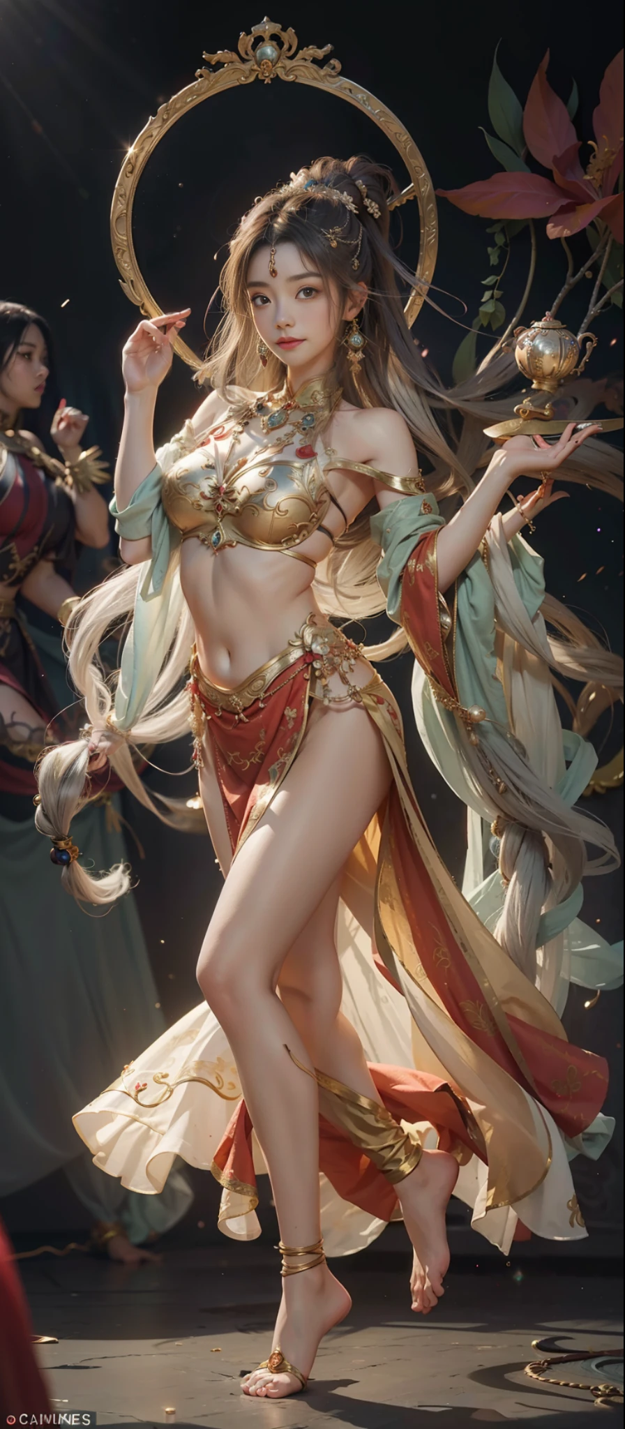 Dunhuang style, 1girle, shoulders, navel, flying fairy, Dunhuang mural in background, dance, gray hair, a lot of hair, very long hair, hair ornaments, ribbons, earrings, gold jewelry, hair bubbles, copper bells, red clothes, flowers on the head, gradient eyes, smile, barefoot, no shoes, full body portrait, surrealism, high detail, romanticism, cinematic lighting, glitter, reflected light, masterpiece, super detail, textured skin, anatomically correct, high detail, best quality, high quality, Award-winning, 8K