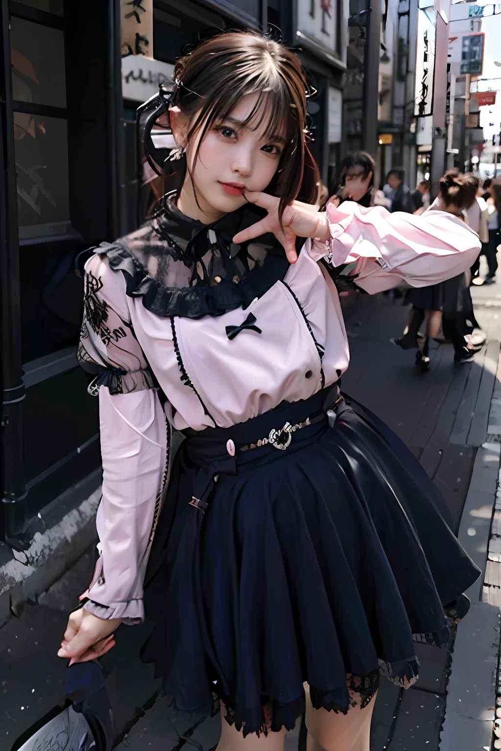 best quality, masterpiece, ultra high res, 8K, raw, (photo realistic:1.4), sharp focus, 1 girl, (detailed background:1.5), (tokyo street:1.3)