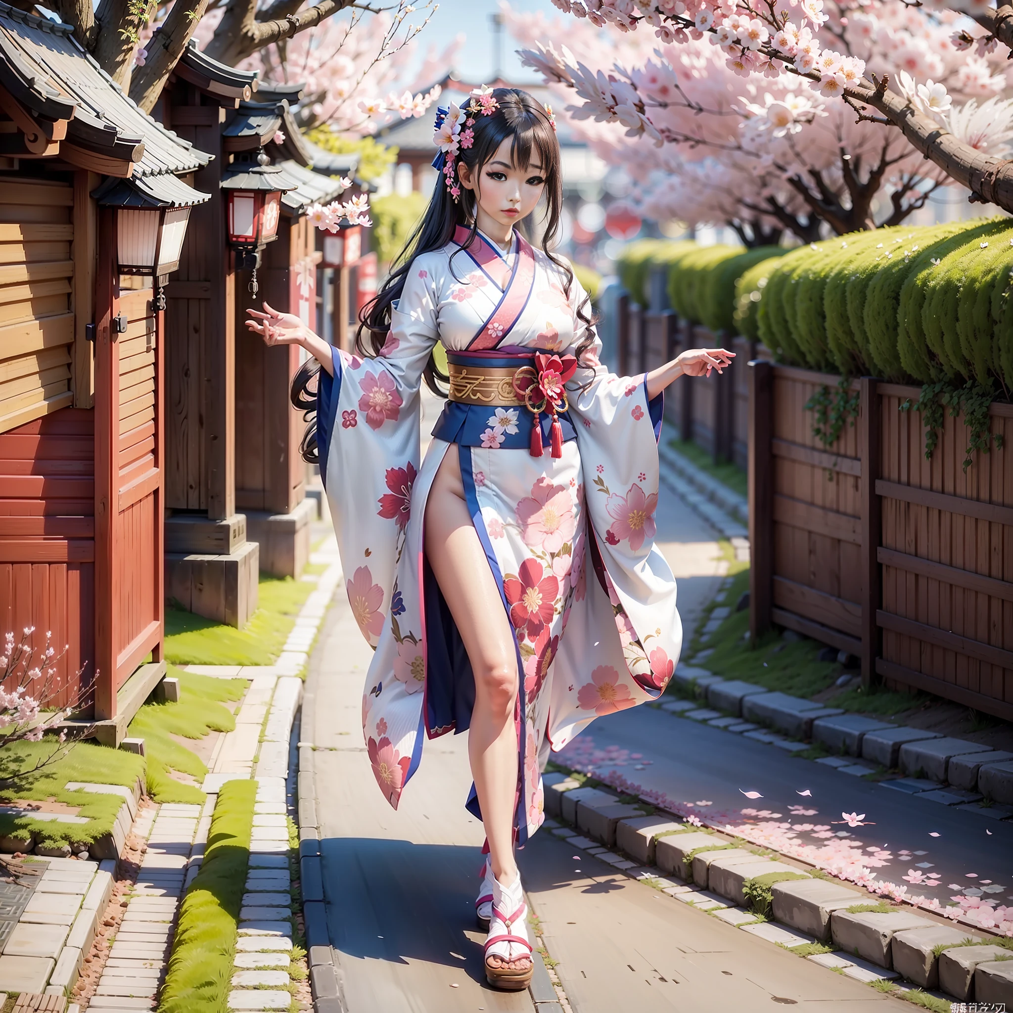 full body,full shot,sfw,beautiful russian: 2 girl in the image of geisha with big bright blue eyes and long fluffy eyelashes of Nordic type with perfect graceful figure and very long and fluffy wavy wheat-colored hair stands full-length on the alley on the background of blooming Japanese pink sakura wearing Japanese kimono and Japanese gate shoes, girl's kimono is lacy with intricate patterns, Little bosom with bulges shines through, the ground where the girl is standing is strewn with sakura petals, the scene is highly artistic, high resolution, clear focus, artistic style Migjorni-V5, hyperphotorealism, perfect proportions, golden ratio, highlight, outline, sunlight, soft glow, soft focus, photography style Monocle.