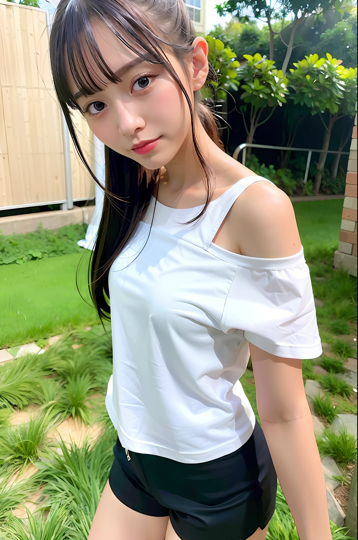 Top quality, ultra high resolution, (photorealistic: 1.4), 1 girl, off-the-shoulder white shirt, look viewer, close-up, thin legs, small, shorts, dazzling light, 15 years old, long ponytail, black dress
