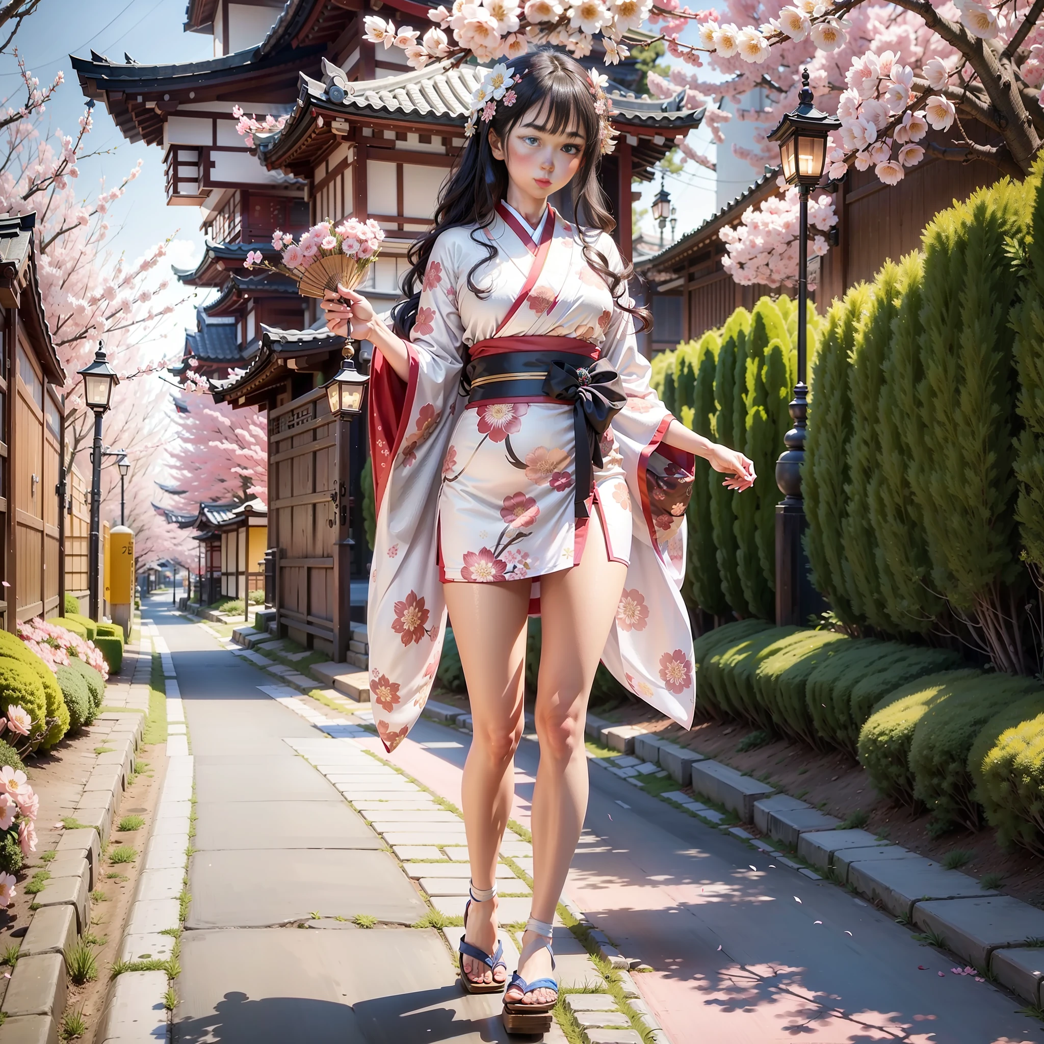 full body,full shot,sfw,beautiful russian: 2 girl in the image of geisha with big bright blue eyes and long fluffy eyelashes of Nordic type with perfect graceful figure and very long and fluffy wavy wheat-colored hair stands full-length on the alley on the background of blooming Japanese pink sakura wearing Japanese kimono and Japanese gate shoes, girl's kimono is lacy with intricate patterns, Little bosom with bulges shines through, the ground where the girl is standing is strewn with sakura petals, the scene is highly artistic, high resolution, clear focus, artistic style Migjorni-V5, hyperphotorealism, perfect proportions, golden ratio, highlight, outline, sunlight, soft glow, soft focus, photography style Monocle.