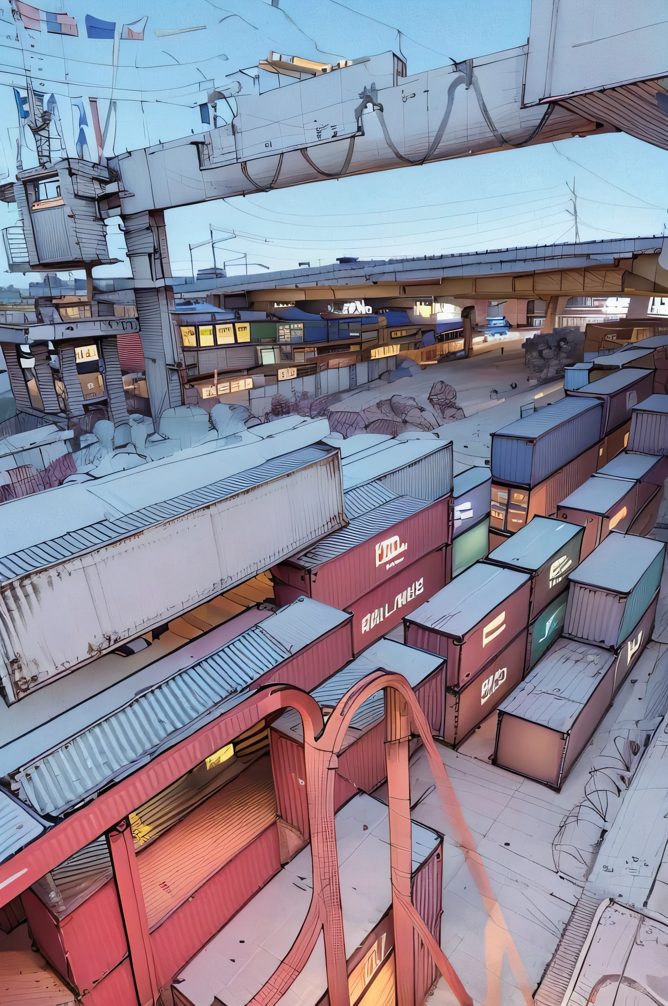 Arafed view of the railway station with a crane and many containers, shipping containers, yard, attractive, photo taken in 2 0 2 0, commercial warehouses, bridge in the background, extremely high quality, the photo shows a large, medium full frame, it is very huge