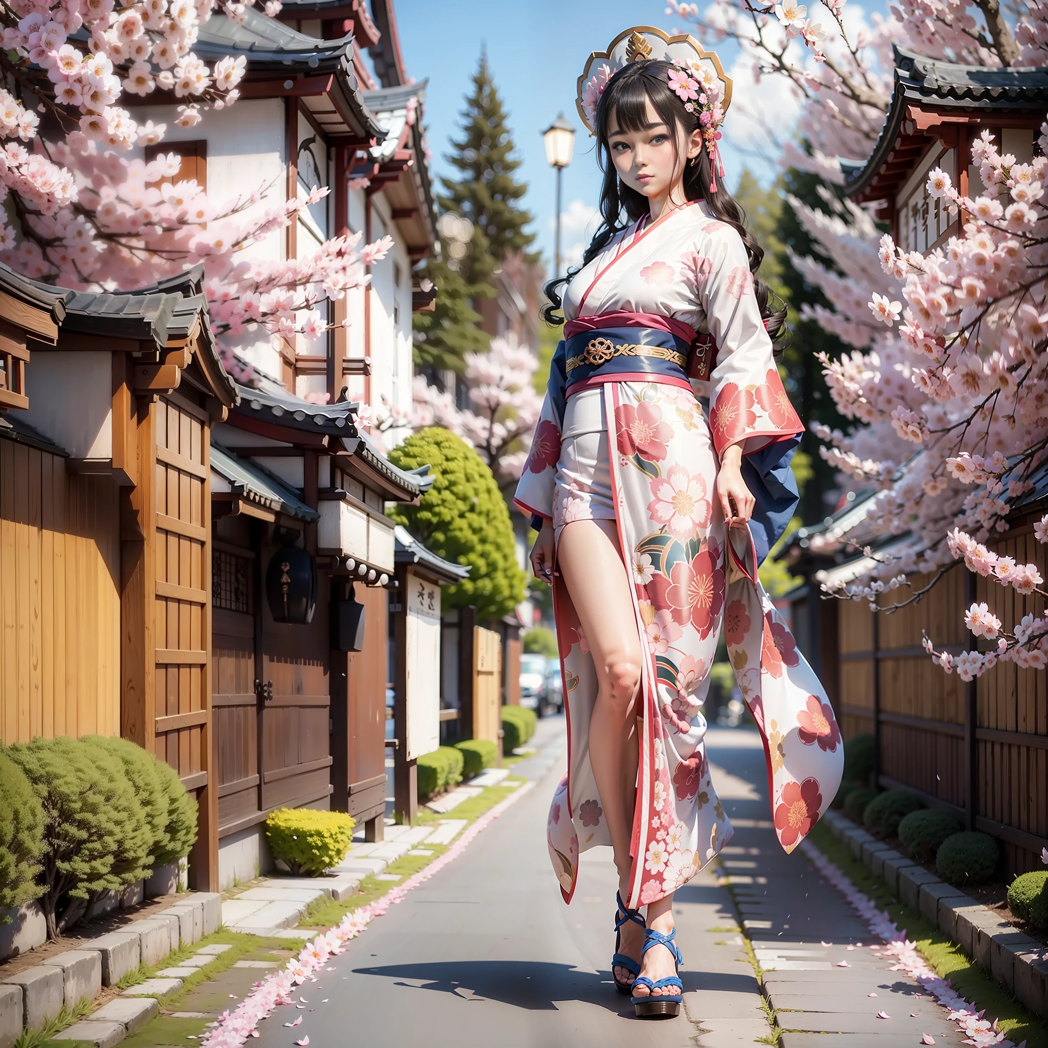 full body,full shot,sfw,beautiful russian: 2 girl in the image of geisha with big bright blue eyes and long fluffy eyelashes of Nordic type with perfect graceful figure and very long and fluffy wavy wheat-colored hair stands full-length on the alley on the background of blooming Japanese pink sakura wearing Japanese kimono and Japanese gate shoes, girl's kimono is lacy with intricate patterns, Little bosom with bulges shines through, the ground where the girl is standing is strewn with sakura petals, the scene is highly artistic, high resolution, clear focus, artistic style Migjorni-V5, hyperphotorealism, perfect proportions, golden ratio, highlight, outline, sunlight, soft glow, soft focus, photography style Monocle.