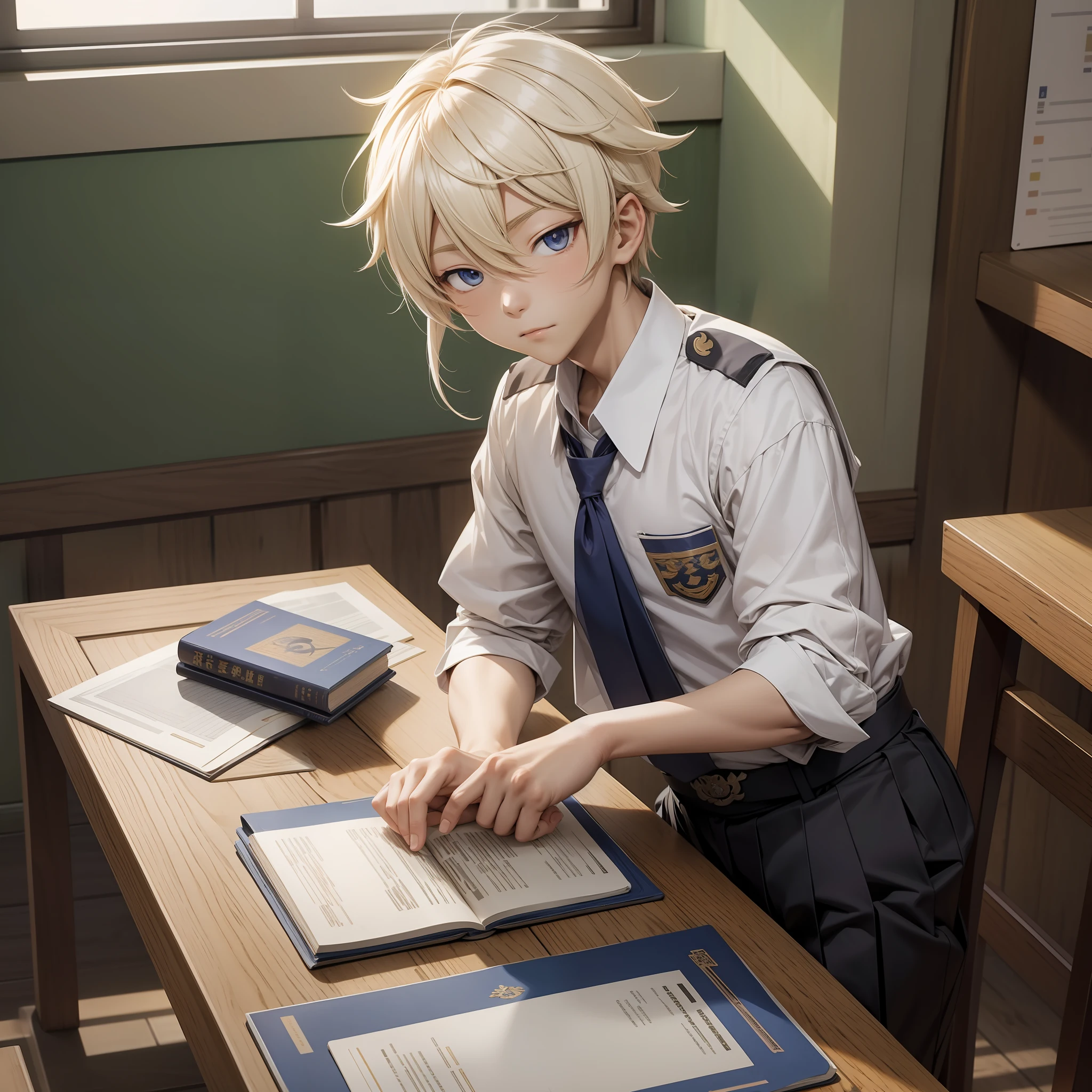 Genshin Ray leans against the table in his school uniform --auto --s2