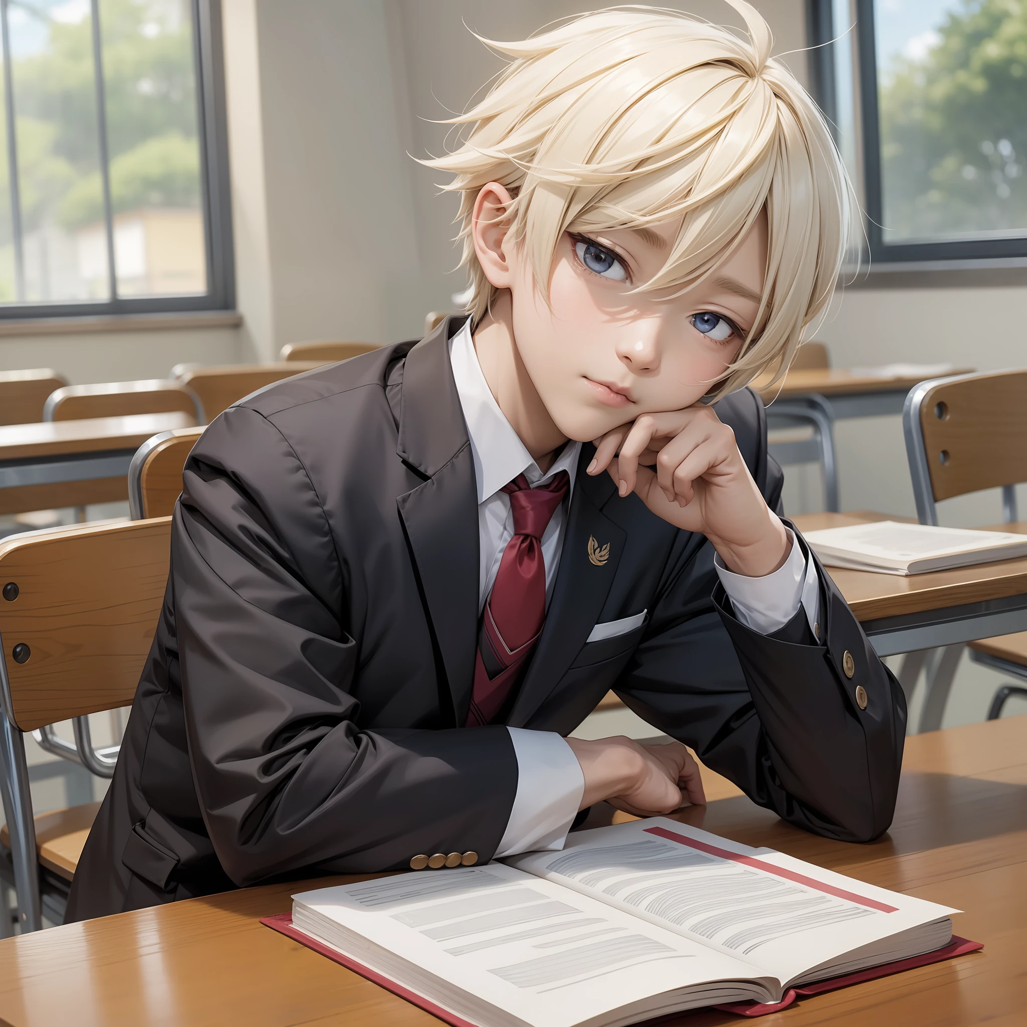 Genshin Ray leans against the table in his school uniform --auto --s2