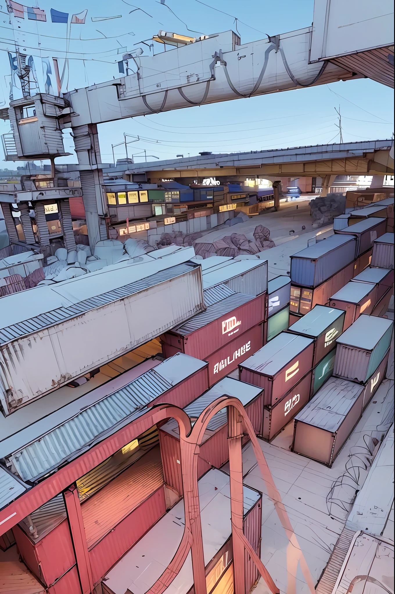 Arafed view of the railway station with a crane and many containers, shipping containers, yard, attractive, photo taken in 2 0 2 0, commercial warehouses, bridge in the background, extremely high quality, the photo shows a large, medium full frame, it is very huge