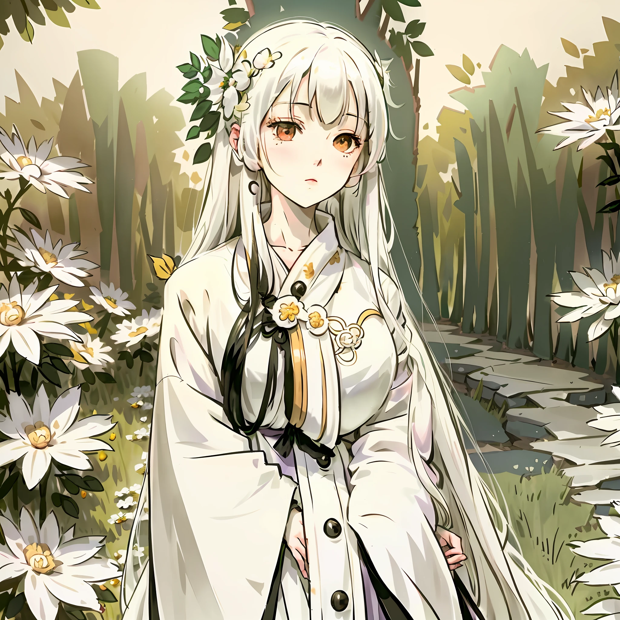 anime girl sitting in the grass with flowers in her hand, girl with white hair, perfect white haired girl, flowing white hair, white haired lady, white haired deity, white haired, with long white hair, with white long hair, anime girl with long hair, one girl has white hair, white-haired, beautiful anime girl, blonde anime girl with long hair