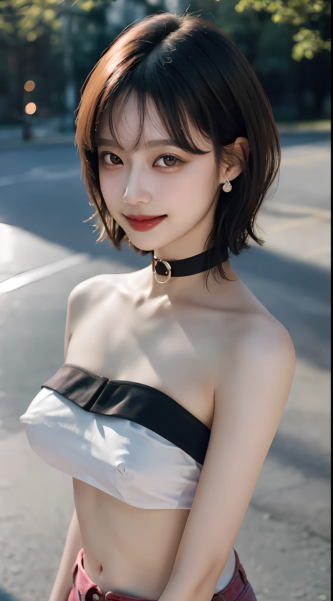 masterpiece, film grain, from above, upper body photo of a Young girl in a white sheer fabric(short camisole), solo, ((hardnipples)), absurdity, realistic(face, body, skin, high detailed skin, skin pores), (cute:1.35), cuties, (areola slip, areola slip out, big breasts:1.275), detailed black eyes, innocent eyes, blusher, black choker, earrings, short hair, (messy bob hair), Very Short Black Hot Pants, shiny pink lips, closeup, look at viewer, open lips, upper teeth, (smiling eyes:0.375), ((grinning:1.125)), depth of field, outdoors, cinema light, blurred background, eye focus, Bokeh, Professional Lighting, Portrait, Photon Mapping, Radiosity, Physically Based Rendering, soft light, (nsfw:1.1),