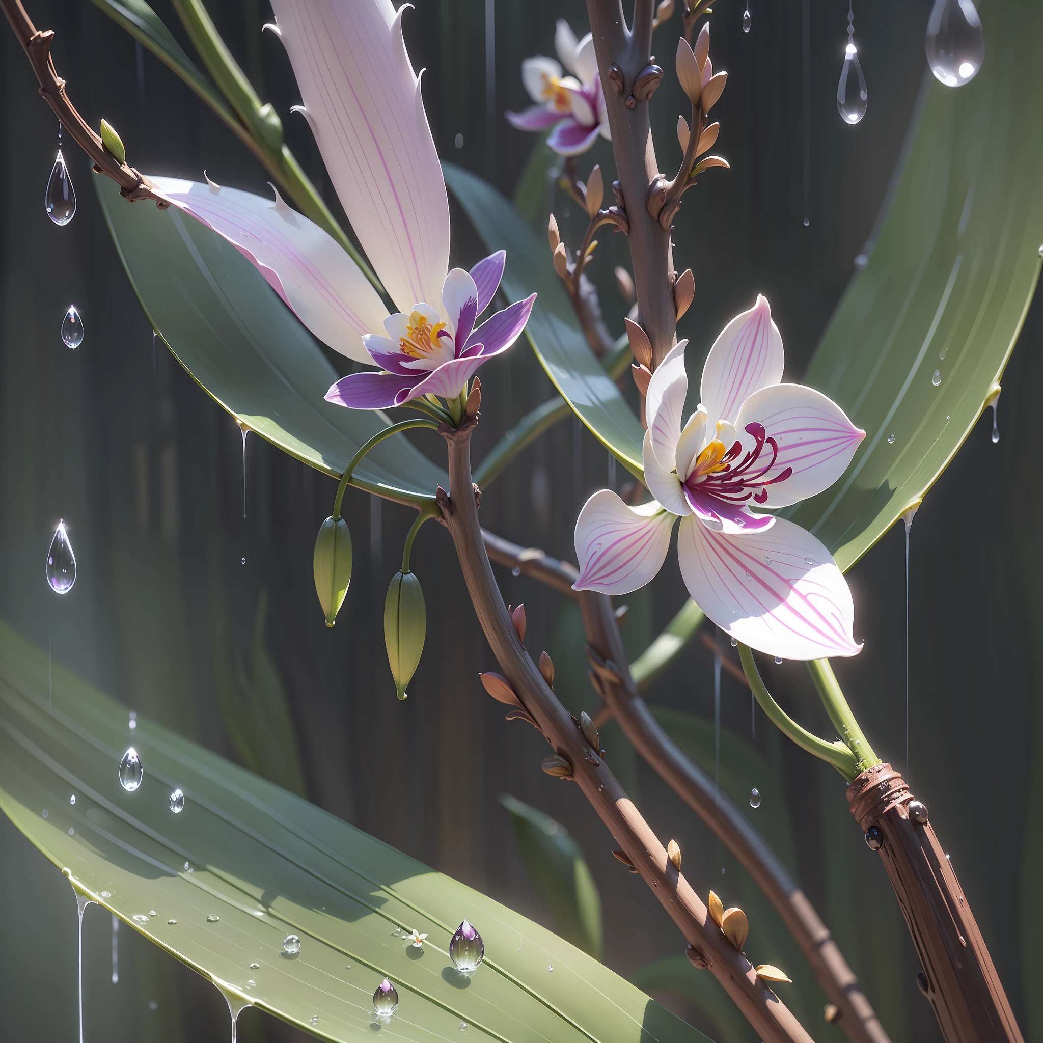 (Masterpiece, best quality, super detail,) a plant of orchid, orchid, rain silk, raindrops, black background, --auto --s2