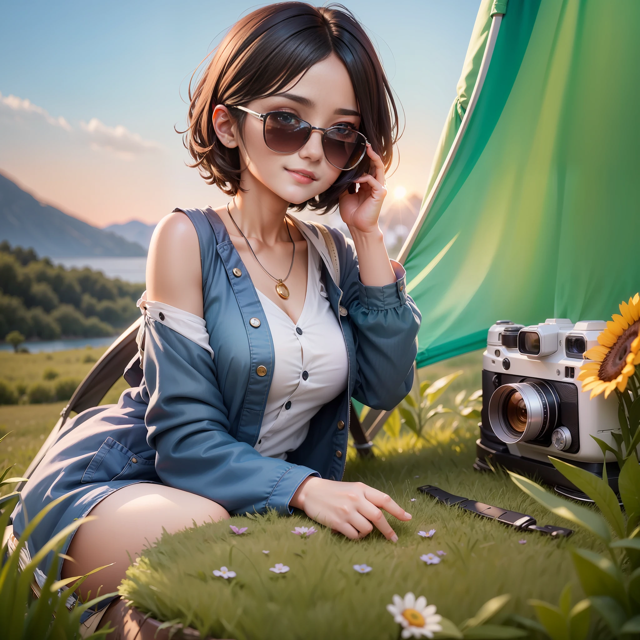 (beautiful detailed face), (beautiful detailed eyes), professional, 8k, The camera shines on the side of her face, (chibi:1.2), sunglasses stuck in hair, black hair, short hair, smile, east face, sitting at the outdoor camping table, enjoying the breeze blowing her hair, background camping canopy, sunset, (lakeside), meadow, The sun was shining on her, the light fell on her face, and the afternoon light was good