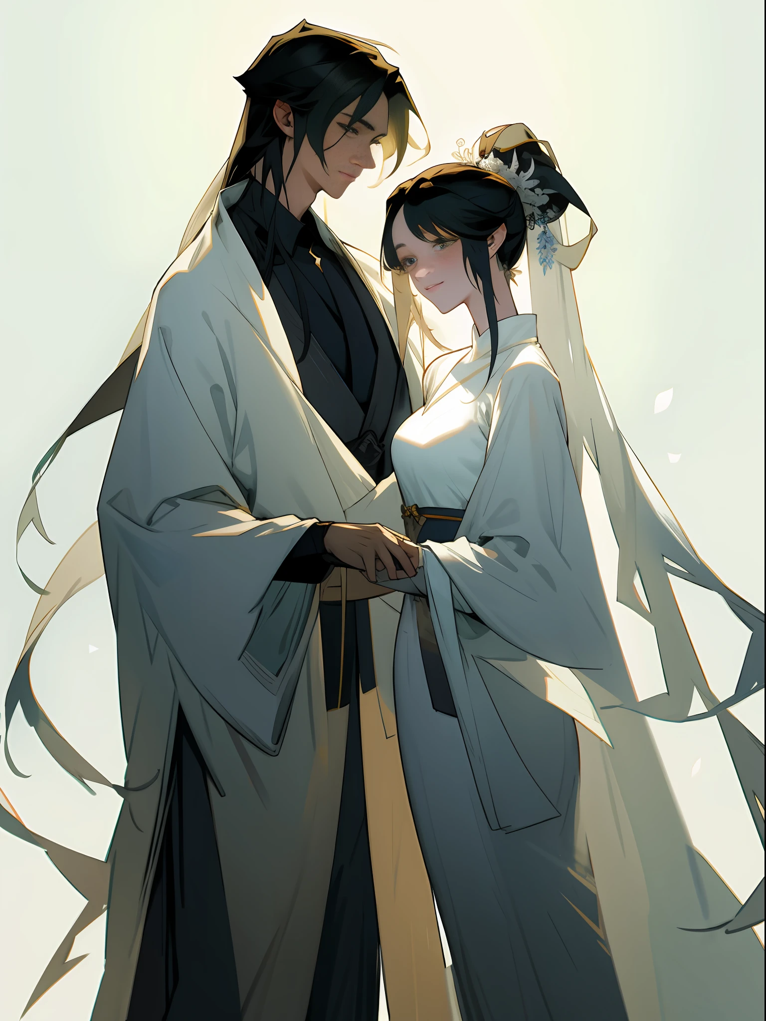 (A couple, beautiful girl and boy), big watery eyes, looking at each other, smiling and wearing white clothes, delicate hair, an ancient Chinese beauty and Handsome guy, wearing ancient Chinese clothing, flowing tulle, light silk,(clean background), ink painting style, clean color, decisive cutting, blank, freehand, masterpiece, super detailed, epic composition, high quality, the highest quality, 4k