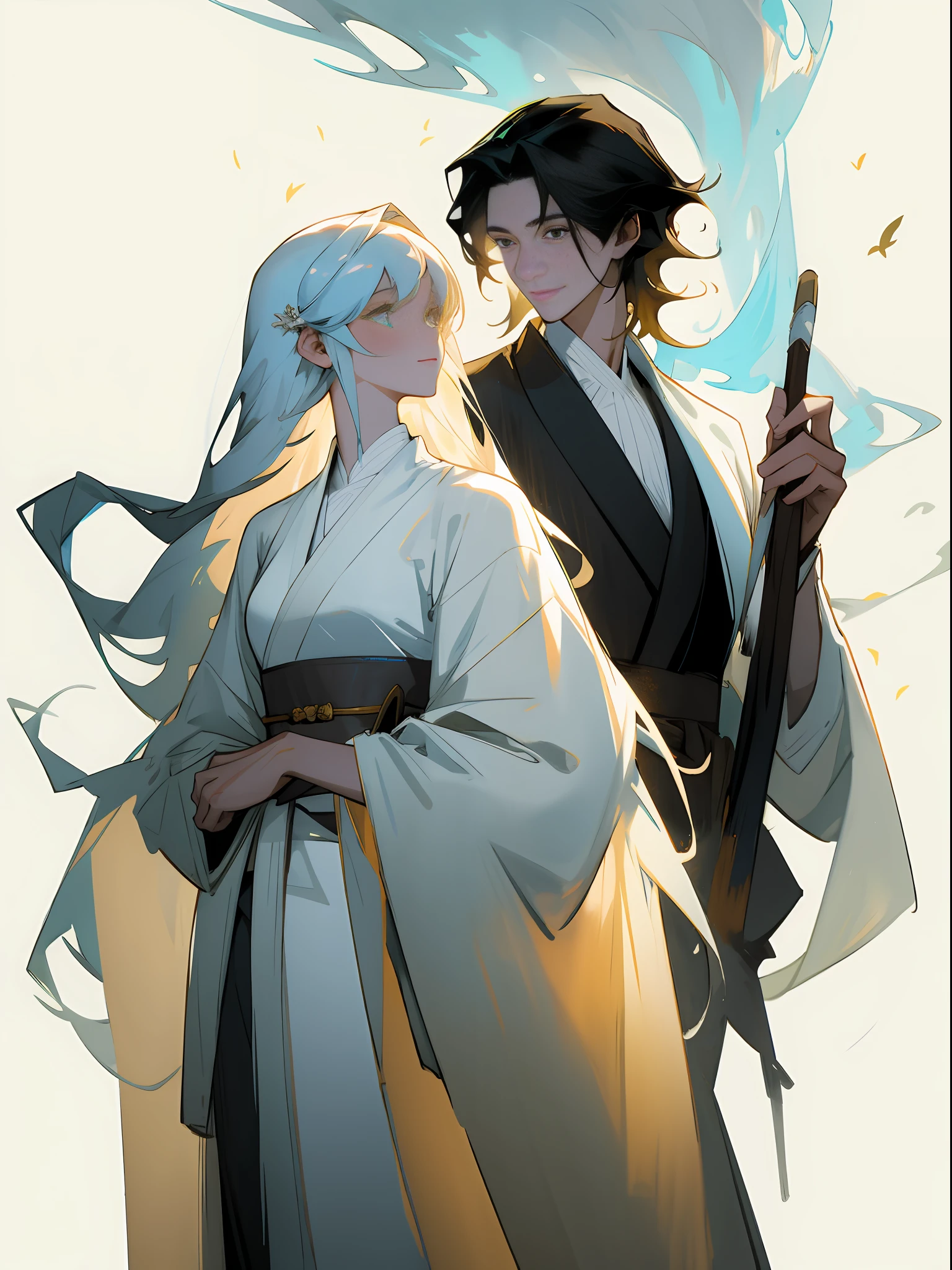 (A couple, beautiful girl and boy), big watery eyes, looking at each other, smiling and wearing white clothes, delicate hair, an ancient Chinese beauty and Handsome guy, wearing ancient Chinese clothing, flowing tulle, light silk,(clean background), ink painting style, clean color, decisive cutting, blank, freehand, masterpiece, super detailed, epic composition, high quality, the highest quality, 4k