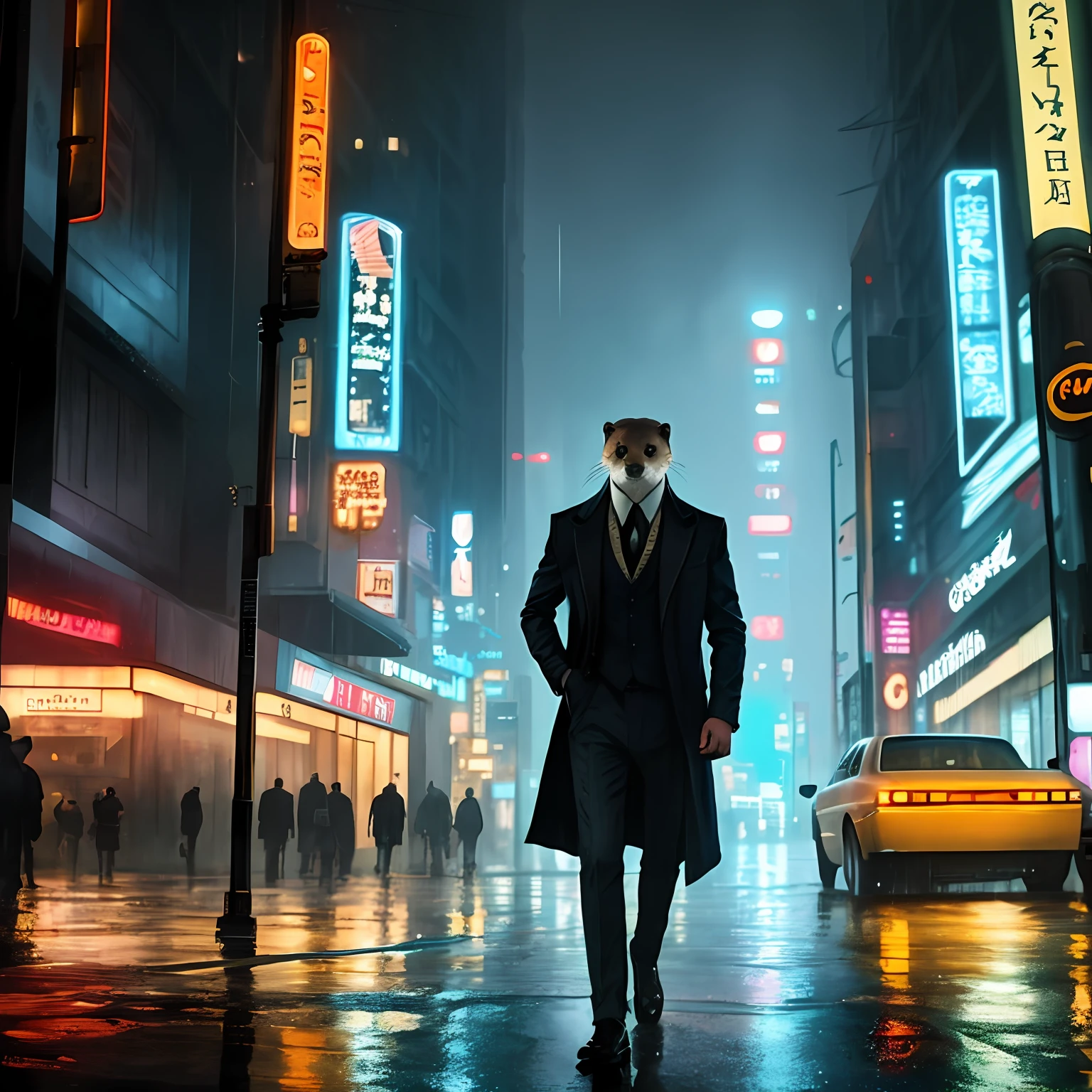 an otter in a suit coat in a rainy blade runner street