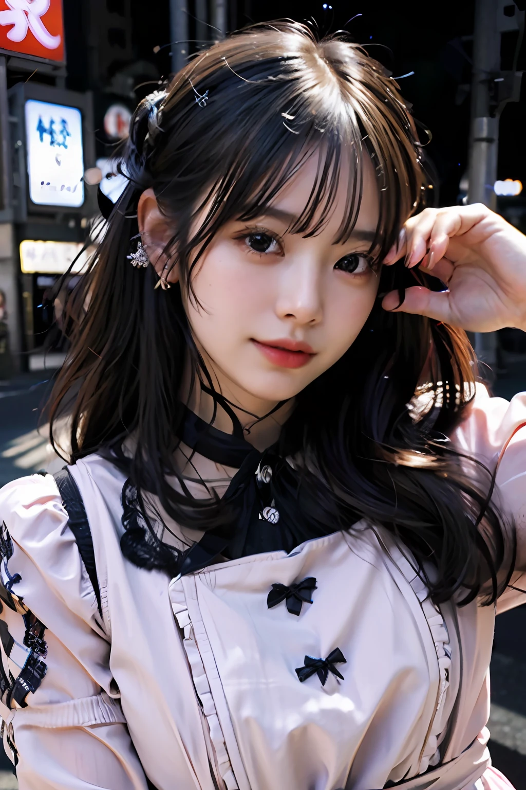 best quality, masterpiece, ultra high res, 8K, raw, (photo realistic:1.4), sharp focus, 1 girl, (detailed background:1.5), (tokyo street:1.3)